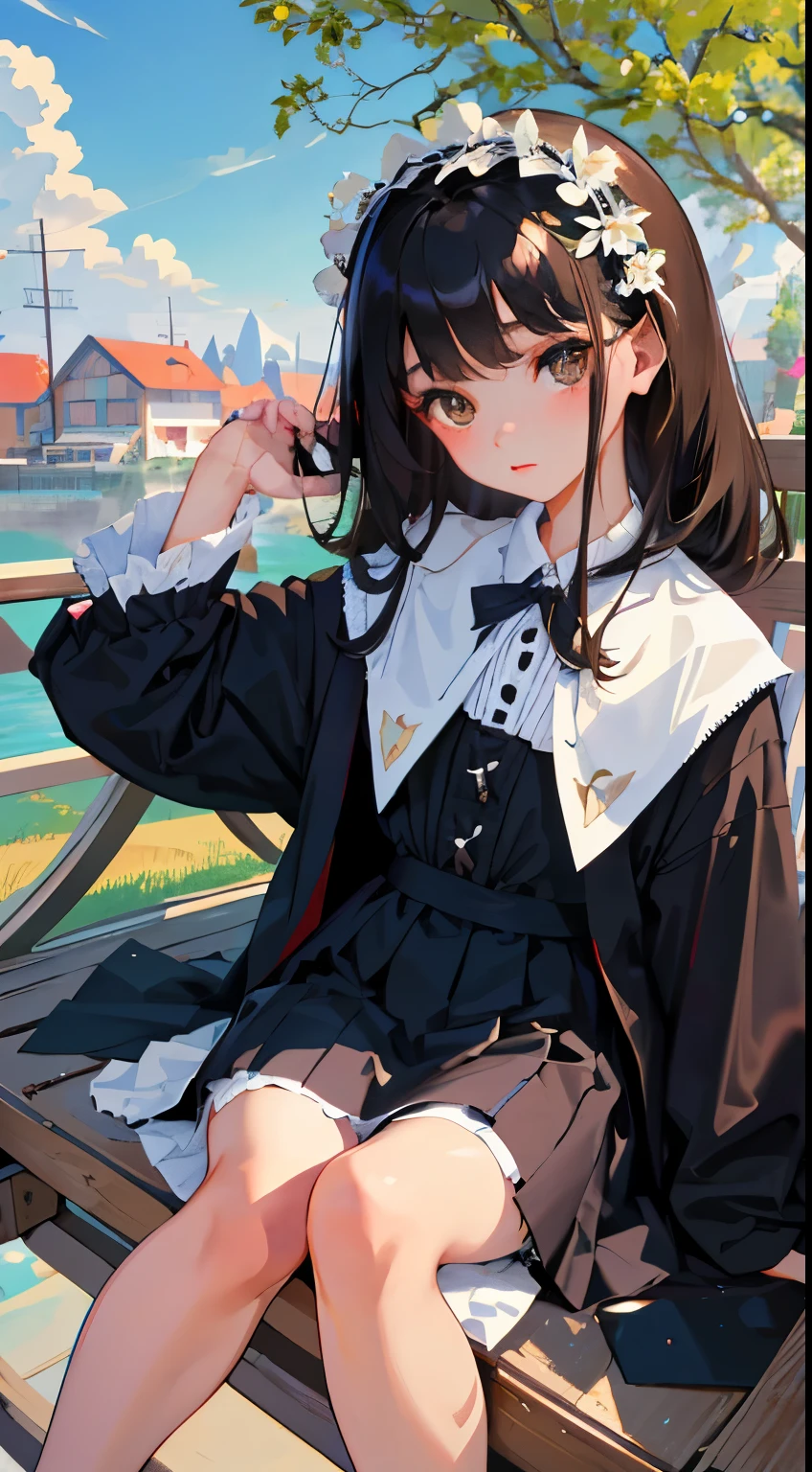 Overlooking，highest quality，Beautiful face in every detail，cute，Dark brown eyes，(背の低いcute女の子， young studeg delicate girl）,（masterpiece，Top quality)，Black Hair，Sleepy expression，Black Lolita Clothing，race，mini skirt，garden