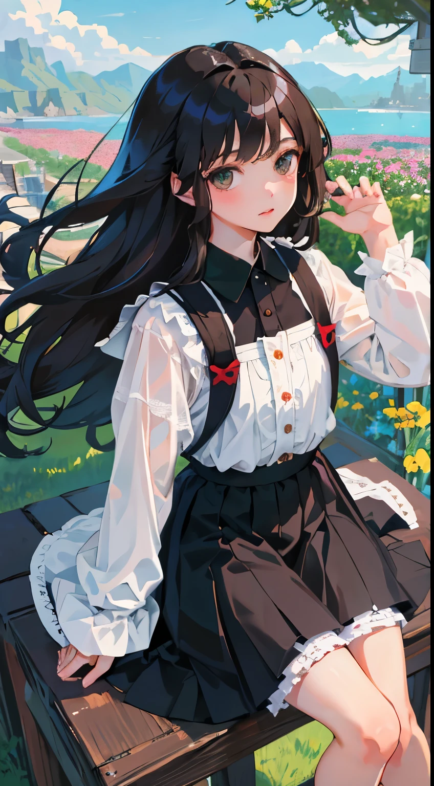 Overlooking,highest quality,Beautiful face in every detail,cute,Dark brown eyes,(背の低いcute女の子,Small young student,Young delicate girl),(masterpiece,Top quality),Black Hair,Sleepy expression,Black Lolita Clothing,race,mini skirt,garden