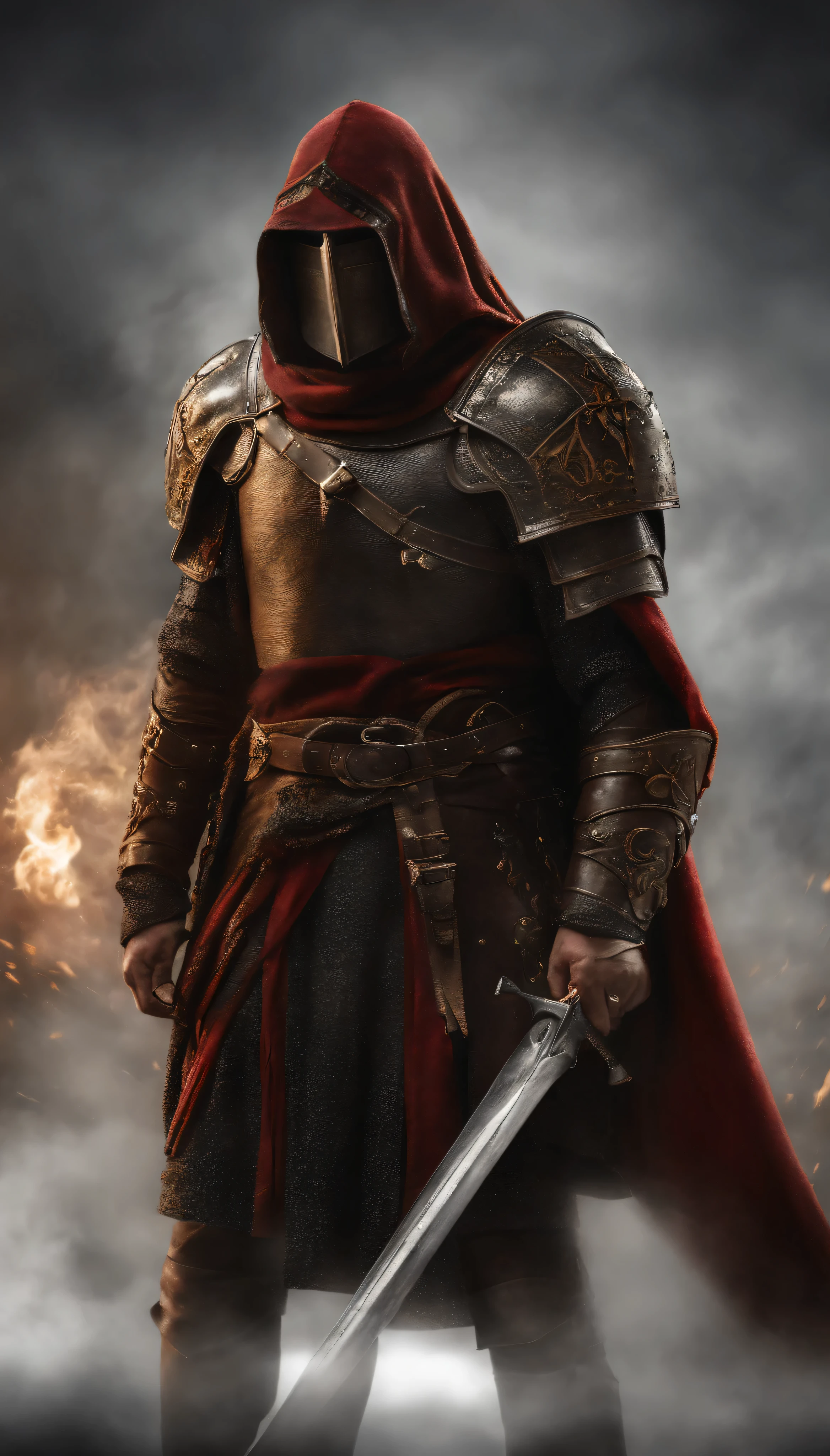 Un hombre con armadura se para en el pasillo con una espada, Full portrait of the magic knight, Ares con armadura pesada y espada, fantasy warrior in full armor, Paladin Golden Armor,Hay cuernos de demonio en el casco,Ojos brillantes de color rojo sangre,para el arte conceptual del personaje de honor, Caballero blindado en rojo, Epic Paladin Armor, Santo cruzado caballero medieval,Foto de cuerpo completo