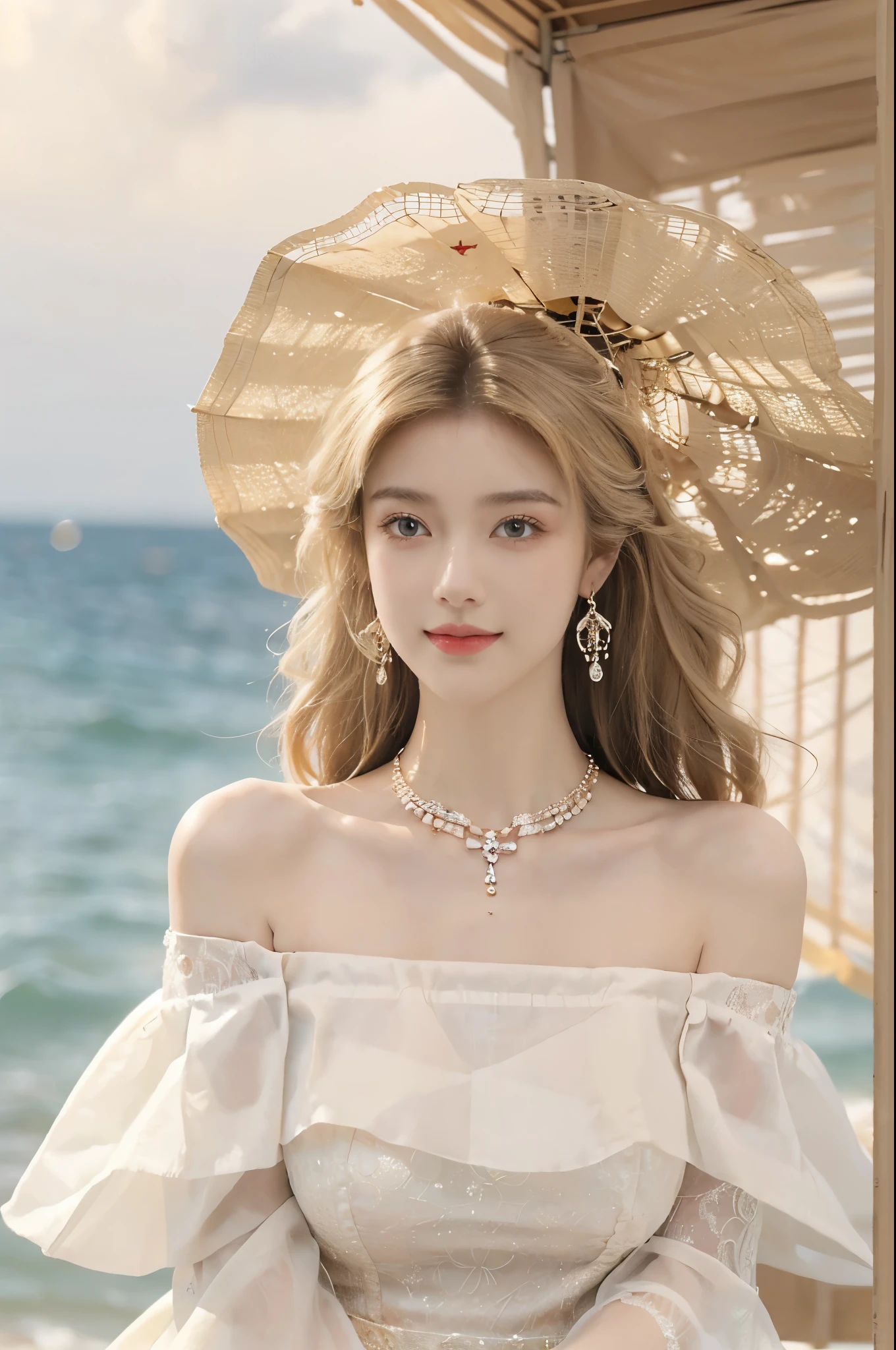 ((from below)), 1 busty girl, Posing for photos, Outdoor sports, Seafront, The sky is mostly cloudy, Sit Pose, Cross ed leg,looking at viewert, detailed scene, curlies, Air bangs, beautiful hair ornaments, Brownish-yellow hair, ((Sweet girly clothes 4,Off-the-shoulder dress,jewely,)), illuminate warmly, warm color palette, Detailed details, ultra - detailed, (tmasterpiece, Best quality at best), (An extremely delicate and beautiful work), Delicate earrings, Delicate necklace, simple blurr background, Extremely detailed description, Ultra-fine painting, delicated face, slim toned body, (ssmile), (Anatomical correct)