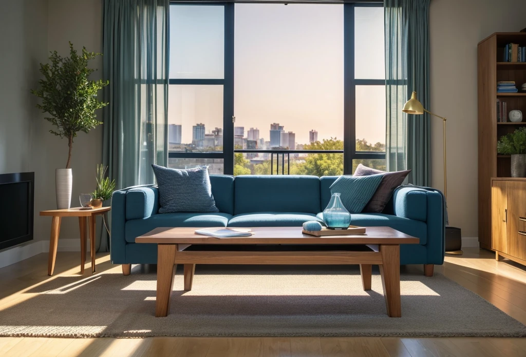 photographrealistic modern living room, Sharp and crisp backgrounds, sofa, low table, Bookshelf, Parks and buildings from the window, Trees and flowers, Beautiful Landscape, highest quality, masterpiece, employment, in the morning light, Detailed lighting, blue sky, (((photograph))), (((photographrealistic))) ,kkw-ph1, Wide Shot, sunset, Golden Hour, Great perspective, Bokeh, (highest quality:1.2),(Blurred foreground:1.2), Depth of written boundary
