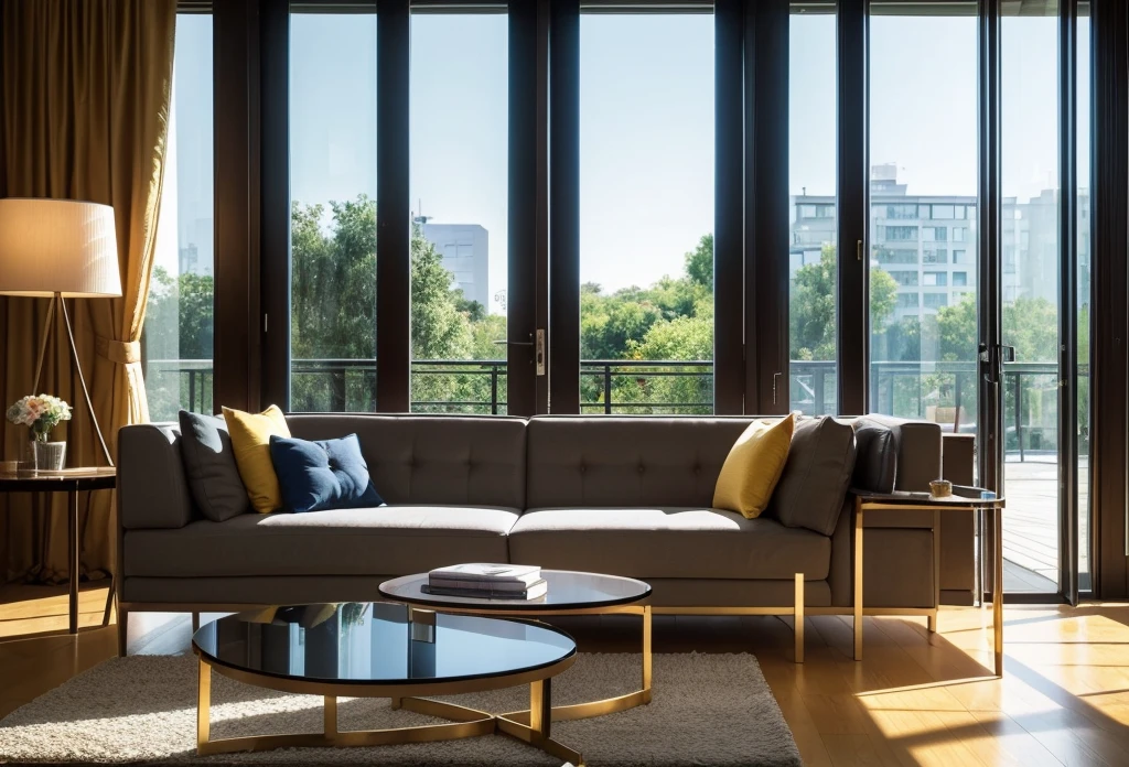 photographrealistic modern living room, Sharp and crisp backgrounds, sofa, low table, Trees and flowers, Beautiful Landscape, highest quality, masterpiece, employment, in the morning light, Detailed lighting, blue sky, (((photograph))), (((photographrealistic))) ,kkw-ph1, Wide Shot, sunset, Golden Hour, Great perspective, Bokeh, (highest quality:1.2),(Blurred foreground:1.2), Depth of written boundary