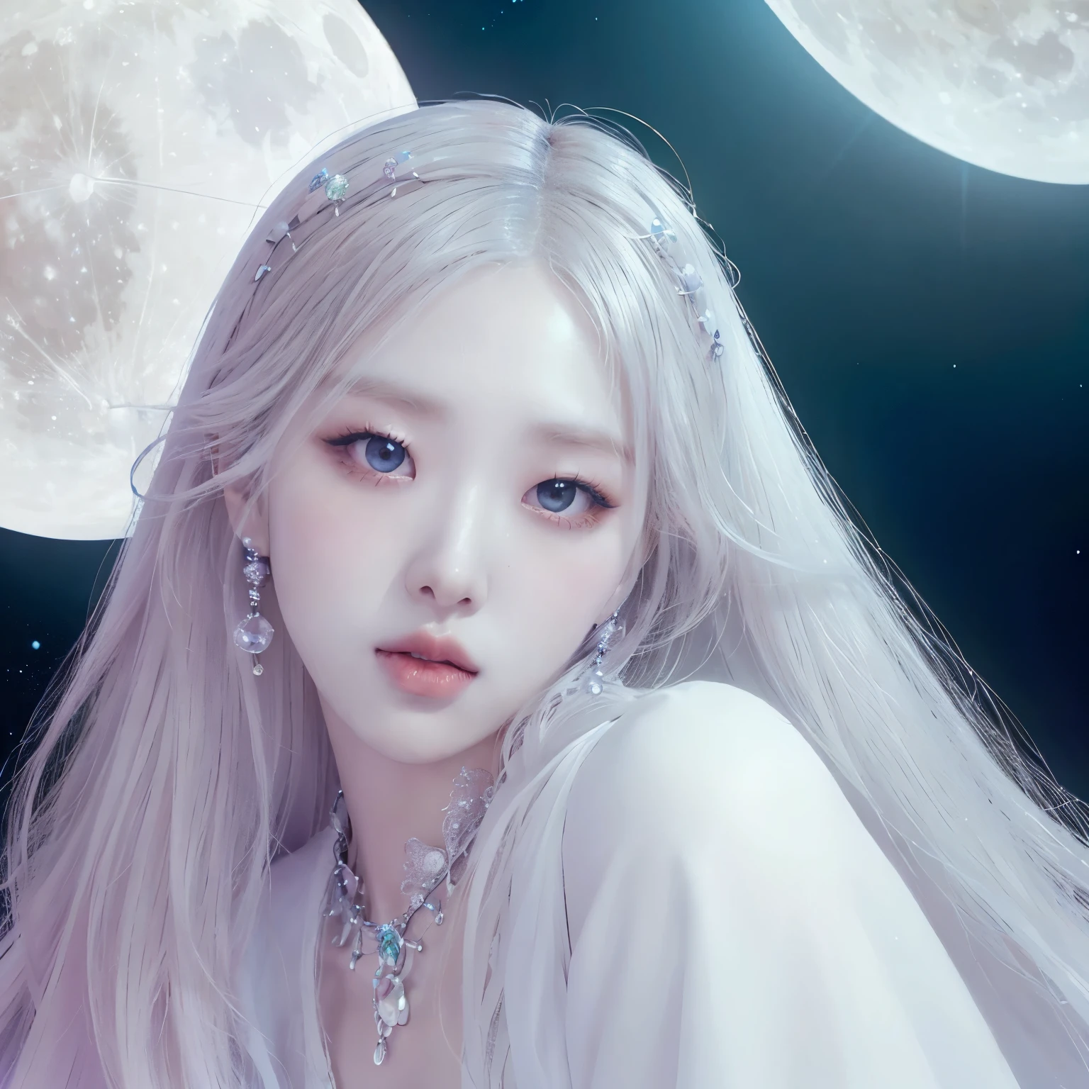 ((4k, mejor calidad)) a korean woman in a white long dress sitting on the moon，The background is a star, ethereal fantasy, ethereal beauty, ethereal fairytale, Fantasy art style, Fantasy Beauty, Beautiful Celestial Mage, Celestial Fairy, Beautiful fantasy art, white hair and blue eyes, white long hair, queen of the Moon, Very magical and dreamy, Moon Goddess, fairy aesthetics, ethereal and dreamy, ethereal!!!, fantasy aesthetics, xianxia fantasy, Moon Goddess, momzzang, maquillaje popular de Corea del Sur