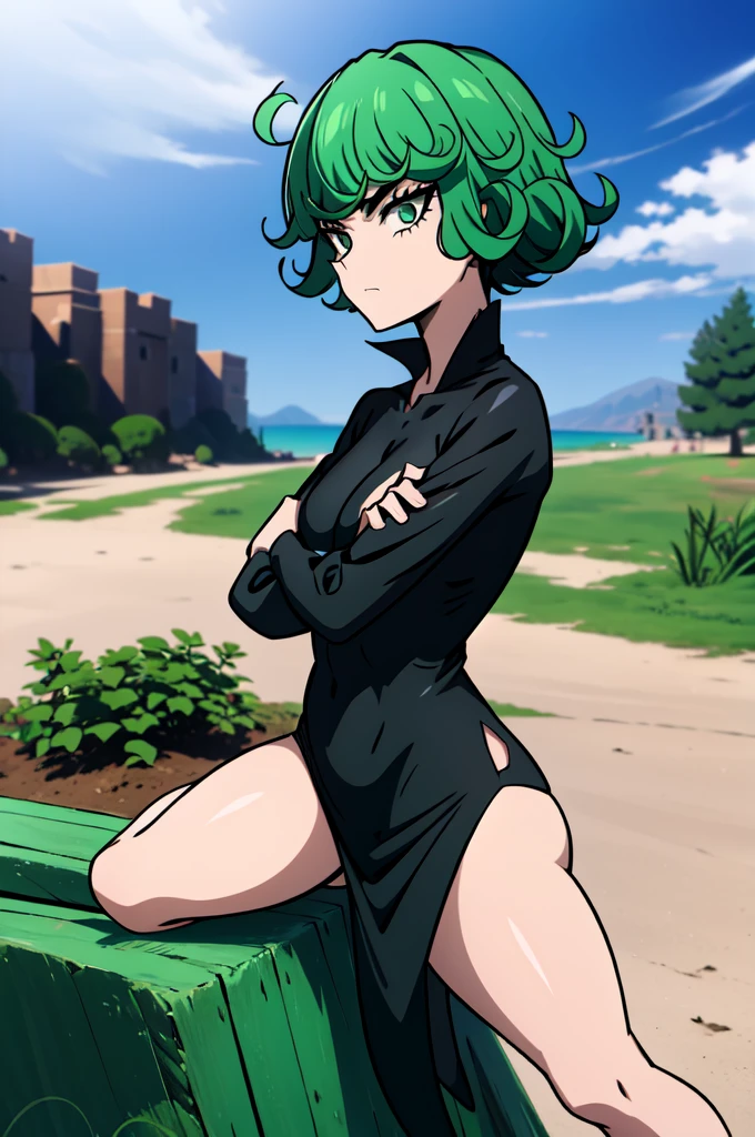 absurdres, highres, ultra detailed, tatsumakitornado, short green hair, curly hair, black bikini, long sleeves, outdoors, flying, crossed arms, from below, looking away, green eyes ,full body ,looking at viewer,