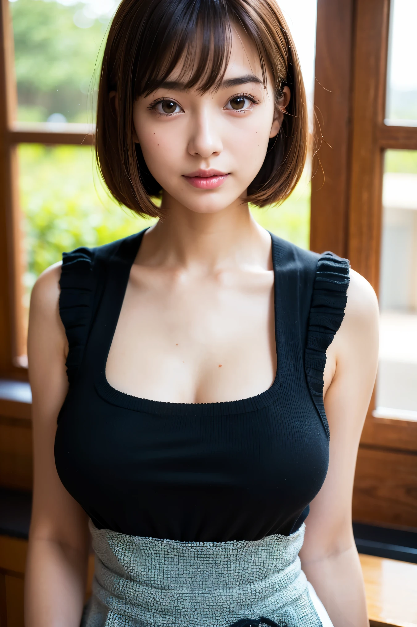 highest quality, Face Focus, Soft Light, Ultra-high resolution, (Realistic:1.4), RAW Photos,
1 Japanese girl, alone, cute,kind　 Beautiful face in every detail, (),(High resolution detail of human skin texture),
indoor, ((Amazingly thin and tiny black knit camisole apron)) Beautiful breasts　　Wearing a boldly revealing apron
(Portraiture)  High resolution focused on the eye　smile　　See-through bangs　　　　The background is the protagonist　Wide and deep background　Luxurious and beautiful kitchen　Thin eyebrows　Beautiful breasts　very cute　Beautiful white skin　Beautiful Hair　　(Very stylish and beautiful straight bob hair:1.3)  