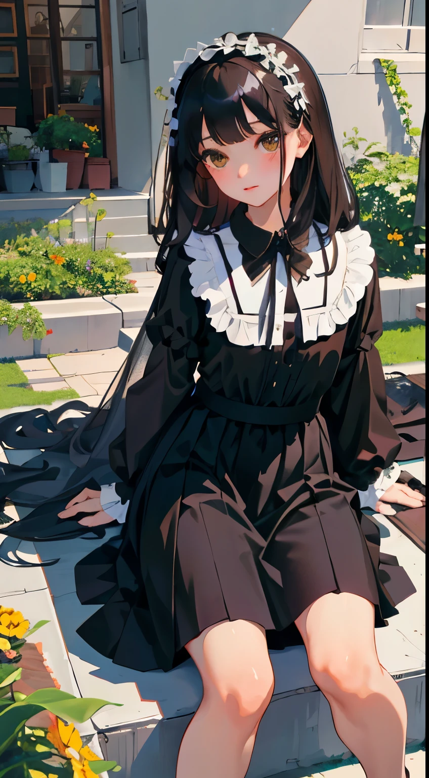 Overlooking,highest quality,Beautiful face in every detail,cute,Dark brown eyes,(背の低いcute女の子,Small young student,Young delicate girl),(masterpiece,Top quality),Black Hair,Sleepy expression,Black Shirt,Black Lolita Clothing,race,mini skirt,garden