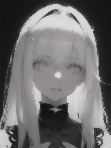 Anime - a style portrait of a woman with white long hair and a black top, Girl with white hair, Perfect white haired girl, Bright Gray Eyes, flowers on hair,( Smart Design, Sharp lines, High sharpness,top quality, very detailed, masterpiece, lighting effects in cinema, 4K )pure White background