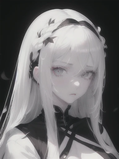 Anime - a style portrait of a woman with white long hair and a black top, Girl with white hair, Perfect white haired girl, Bright Gray Eyes, flowers on hair,( Smart Design, Sharp lines, High sharpness,top quality, very detailed, masterpiece, lighting effects in cinema, 4K )pure White background