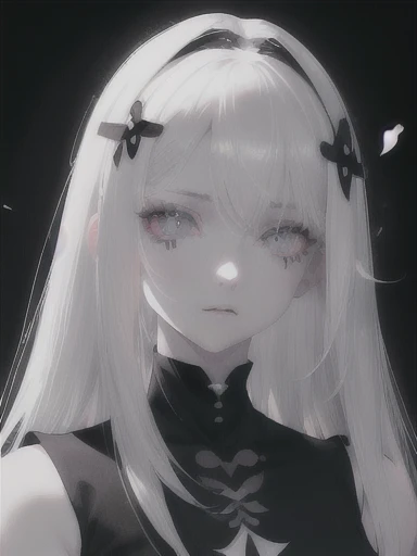 Anime - a style portrait of a woman with white long hair and a black top, Girl with white hair, Perfect white haired girl, Bright Gray Eyes, flowers on hair,( Smart Design, Sharp lines, High sharpness,top quality, very detailed, masterpiece, lighting effects in cinema, 4K )pure White background