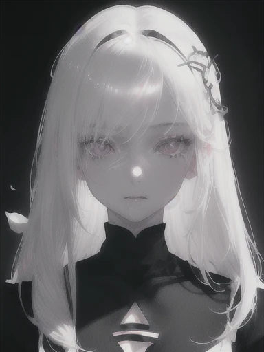 Anime - a style portrait of a woman with white long hair and a black top, Girl with white hair, Perfect white haired girl, Bright Gray Eyes, flowers on hair,( Smart Design, Sharp lines, High sharpness,top quality, very detailed, masterpiece, lighting effects in cinema, 4K )pure White background