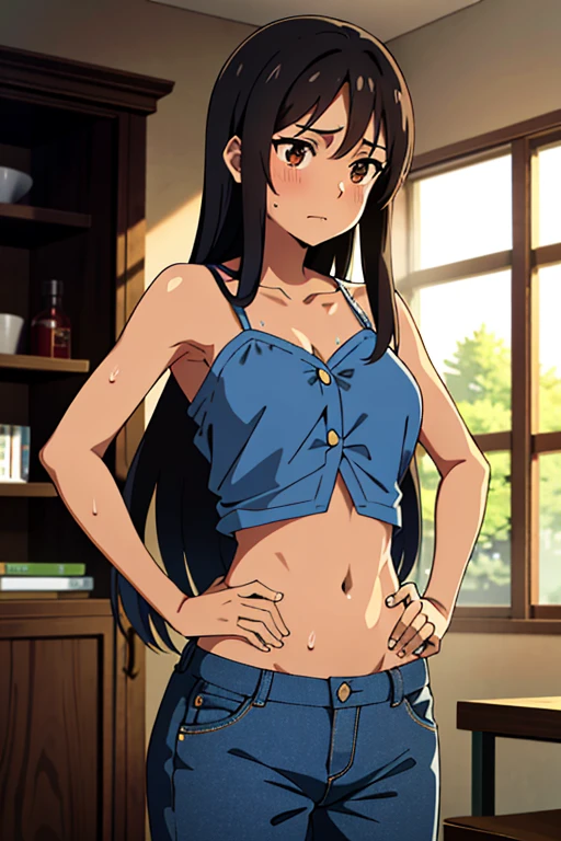 (masterpiece, top quality, best quality), brown skin anime girl wearing a denim button up cami top and trousers, famished in hunger, (gently resting hands on stomach), (sweating), (long hair), (hands on her stomach)
