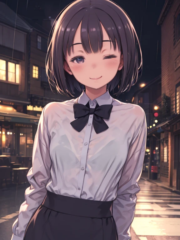 (8k, highest quality, masterpiece: 1.2), (Realistic, photoRealistic: 1.37), Very detailed, 1 girl, 17 years old, alone, small breasts, Beautifully detailed skies, Detailed Cafe, night, (blush), (smile: 1.15), (Mouth closed), small, (Collared shirt: 1.1), night, Wet, Office Clothes, rain, White lace, (short hair: 1.2), Floating Hair NovaFrogStyle, Random sexy poses,