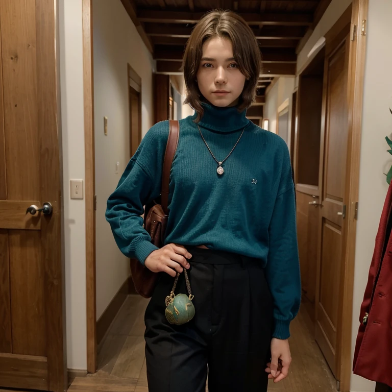 A young youkai hunter, 25 years old, measuring 1m79 with short brown hair, a large lock of hair hides the left half of his face. He wears a red suit jacket over a pine green turtleneck and black pants. Il porte des chaussures de ville noires. Il a un collier avec une grosse perle marron en son centre en forme de larme, un pierre bleue sertie dessus. On each side, deux perles marrons rondes oui une perle en forme de larme et le reste du collier en perle ronde de plus en plus petites. He walks with a little youkai dragon named Mizuchi.