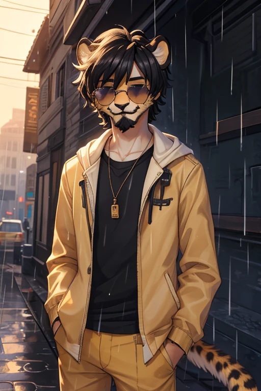 Cheetah, antro, male, solo, non-human, informal clothes, Rain, younger, 20 years old, taller, messy hair, cheetah face, slim body, cheetah tail, sun glasses, black hair, little smile, furry, beard, femboy, girly, mustache,
