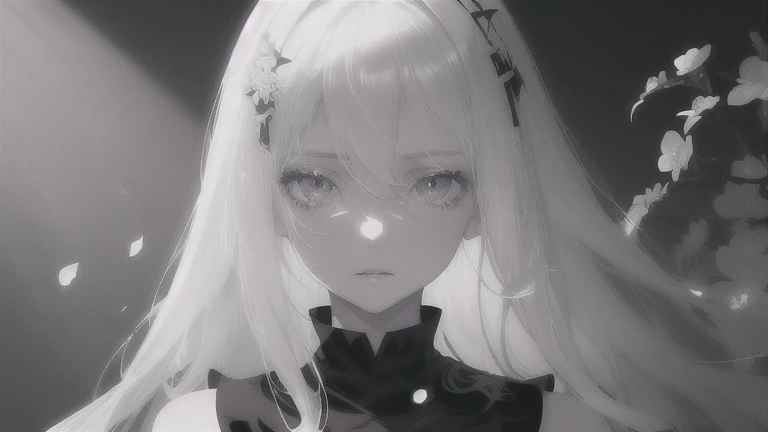 Anime - a style portrait of a woman with white long hair and a black top, Girl with white hair, Perfect white haired girl, Bright Gray Eyes, flowers on hair,( Smart Design, Sharp lines, High sharpness,top quality, very detailed, masterpiece, lighting effects in cinema, 4K )pure White background