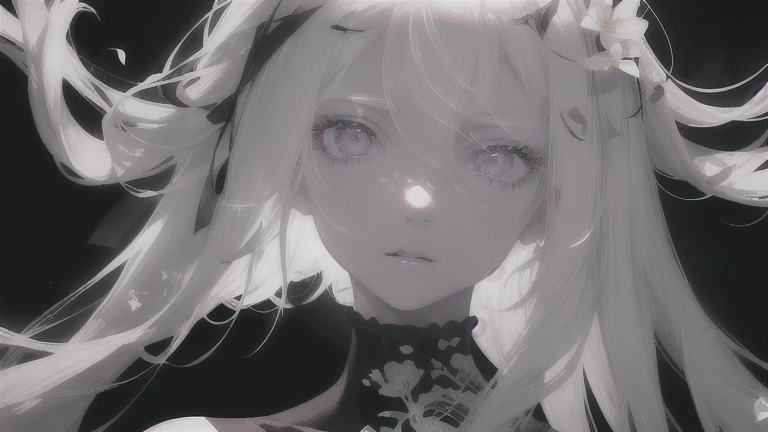 Anime - a style portrait of a woman with white long hair and a black top, Girl with white hair, Perfect white haired girl, Bright Gray Eyes, flowers on hair,( Smart Design, Sharp lines, High sharpness,top quality, very detailed, masterpiece, lighting effects in cinema, 4K )pure White background