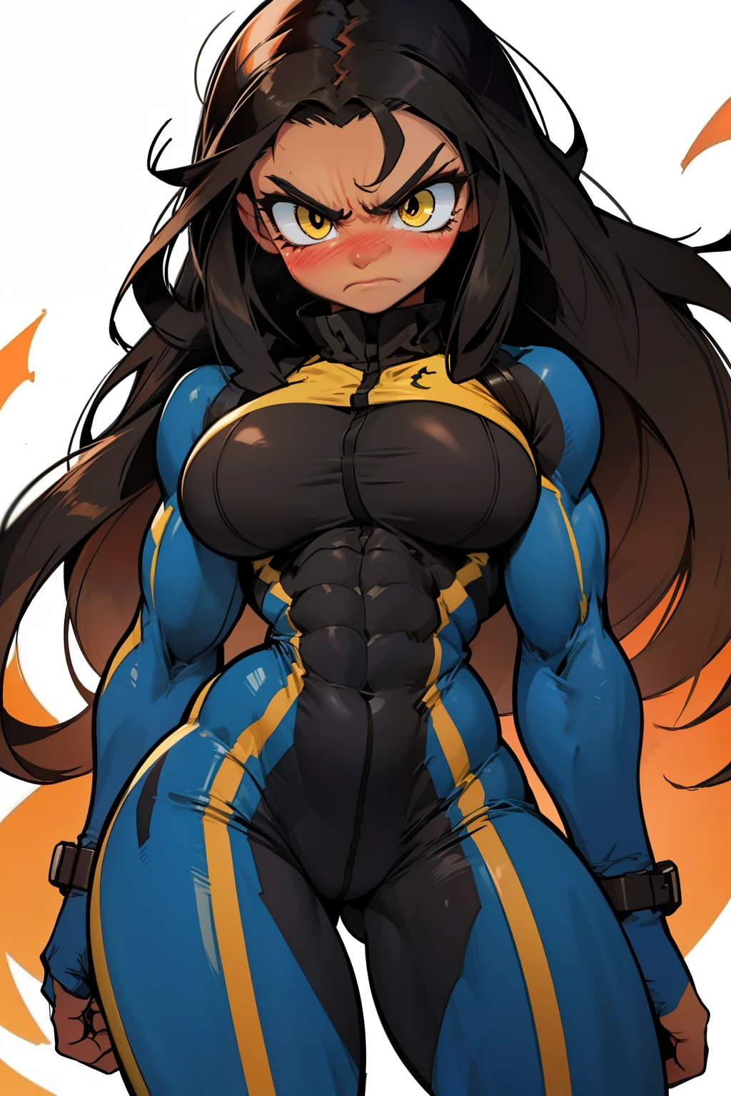 1girl (((muscular toned body))) huge breasts thick thighs wide hips curvy abs black hair yellow eyes very long hair pale skin voluptuous angry blush bodysuit pale skin