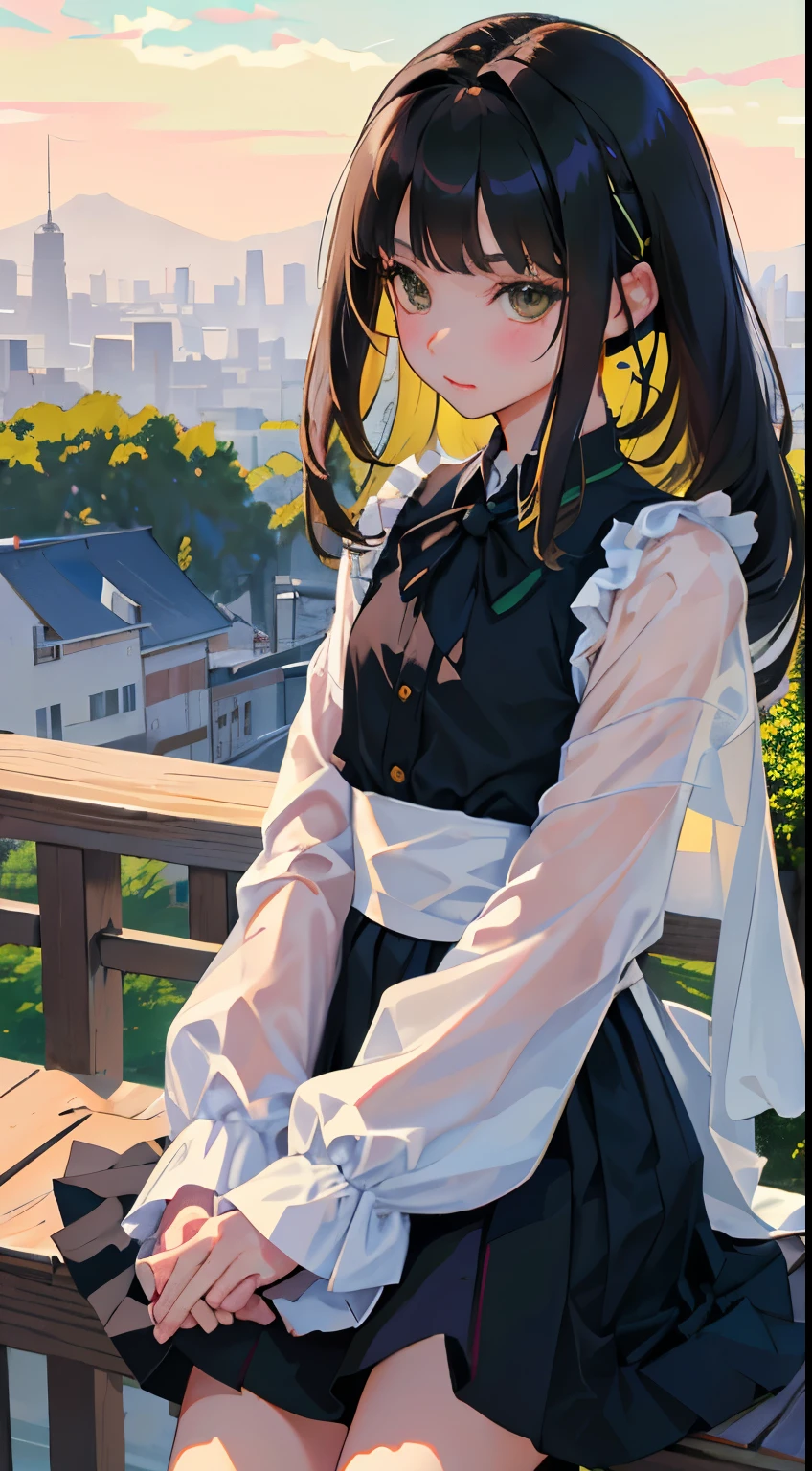 Overlooking,highest quality,Beautiful face in every detail,cute,Dark brown eyes,(背の低いcute女の子, young studeg delicate girl),(masterpiece,Top quality),Black Hair,Sleepy expression,Black Shirt,Black Lolita Clothing,Blue-green ribbon,race,mini skirt,garden