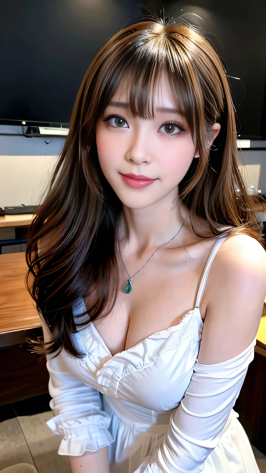Full Body Angle、((highest quality, 8K, masterpiece: 1.3)), concentrated: 1.2, Cute girl 1,Nipples erect、 Perfect beauty: 1.4,Short sleeve blouse with round neck and frill design in cotton: 1.2,Long sleeve、Randall Color、comics&Text Graphics、Black ruffle-trimmed drawstring zip blouse,1.1, Highly detailed face and skin textures, Fine grain, double eyelid, whitening skin, ,highest quality,Ultra-high resolution,you,1 girl,alone,_Shiny_skin,Iris,necklace,((Brown_length_Wavy_hair)),(lips)),eyelash,Front hair,deal with,compensate,Shiny,pore,skin texture,Large Breasts、smiling face、Game room、