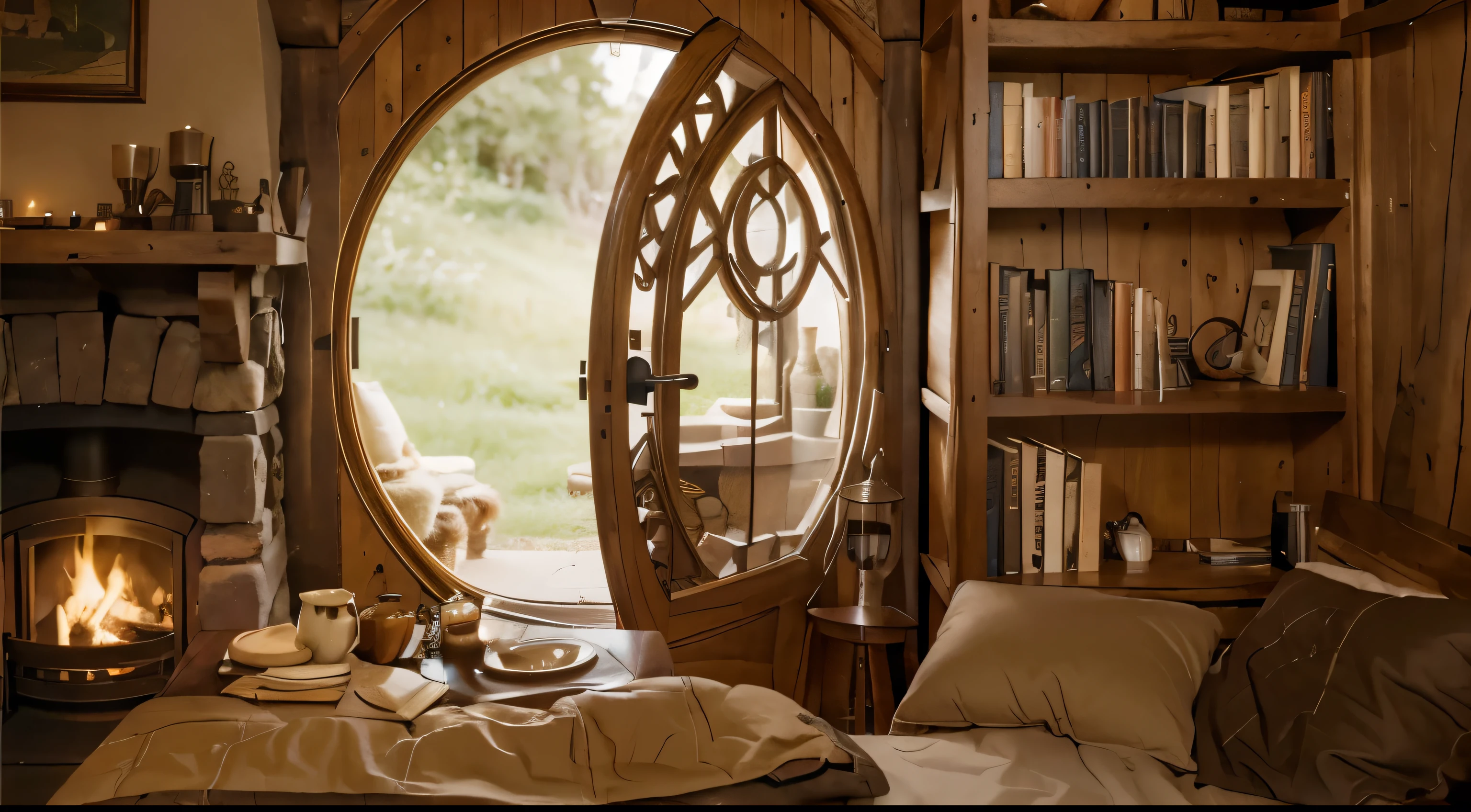 a cozy hobbit hideout, a large hoobit rounded door, a table with cup, coffee can a candle, a cozy bed, two side fireplaces, a bookshelf, a pretty celtic woodwork