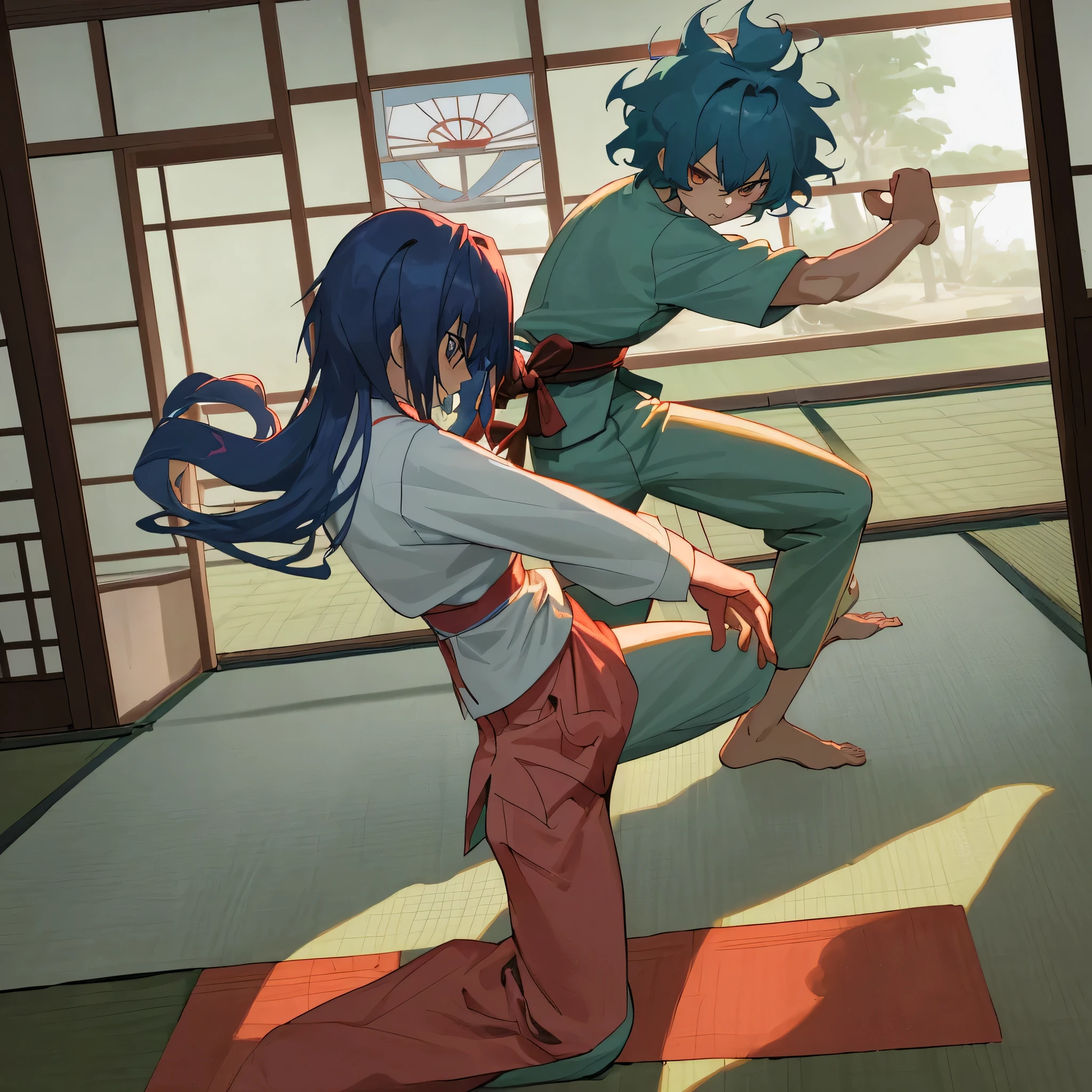 The setting is a Japanese-style room, with a tatami mat in the center. Kitsuro and Sayori, the twin brothers, are framed in the center of this mat in a fighting position. Rafallia, the mother of the twin brothers, is also in the frame, but she is outside the mat watching the two, while eating slices of watermelon. (Watermelon box). (Kitsuro is a 15-year-old boy, has blue curly hair emanating radiation, and is wearing capoeira clothes). (Sayori is a 15-year-old girl, has long blue curly hair emanating radiation). (Privileged view of the dispute). (Solar window lighting). (Stylized in the style of Anime Ruby). (Capoeira movements, martial arts). (Best quality, 4k image).