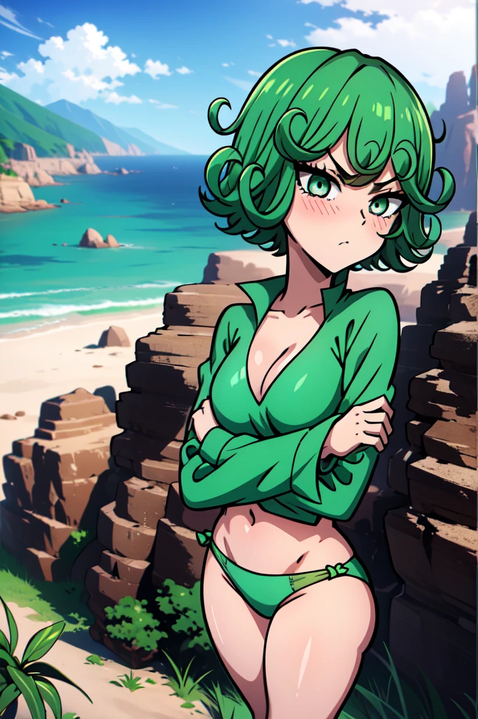 absurdres, highres, ultra detailed, tatsumakitornado, short green hair, curly hair, green bikini, , outdoors, flying, crossed arms, from below, looking away, green eyes ,full body ,looking at viewer, blushing 