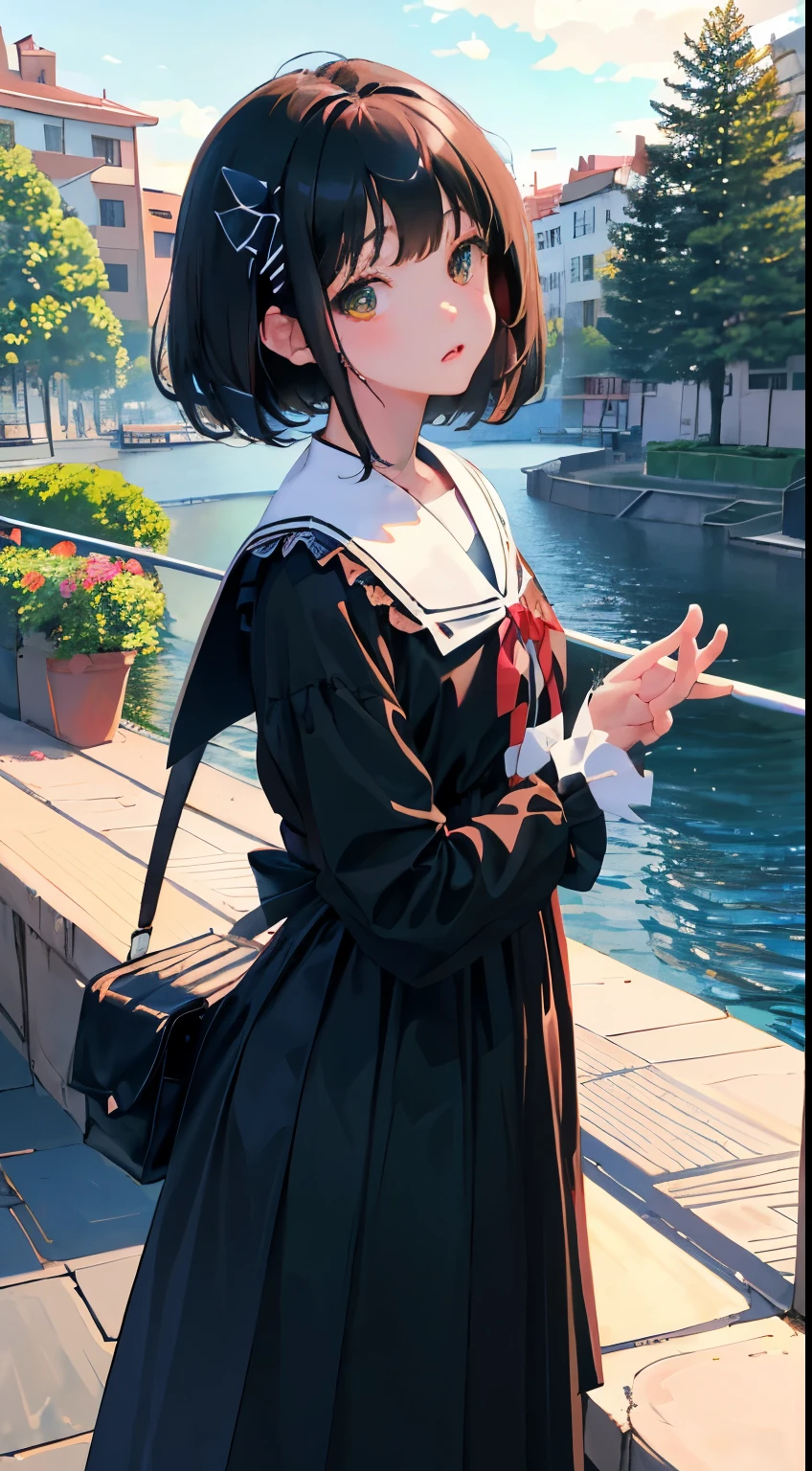 Overlooking,highest quality,Beautiful face in every detail,cute,Dark brown eyes,(背の低いcute女の子,Small young student,Young delicate girl),(masterpiece,Top quality),Black Hair,Sleepy expression,Black Shirt,Black Lolita Clothing,Blue-green ribbon,race,mini skirt,garden