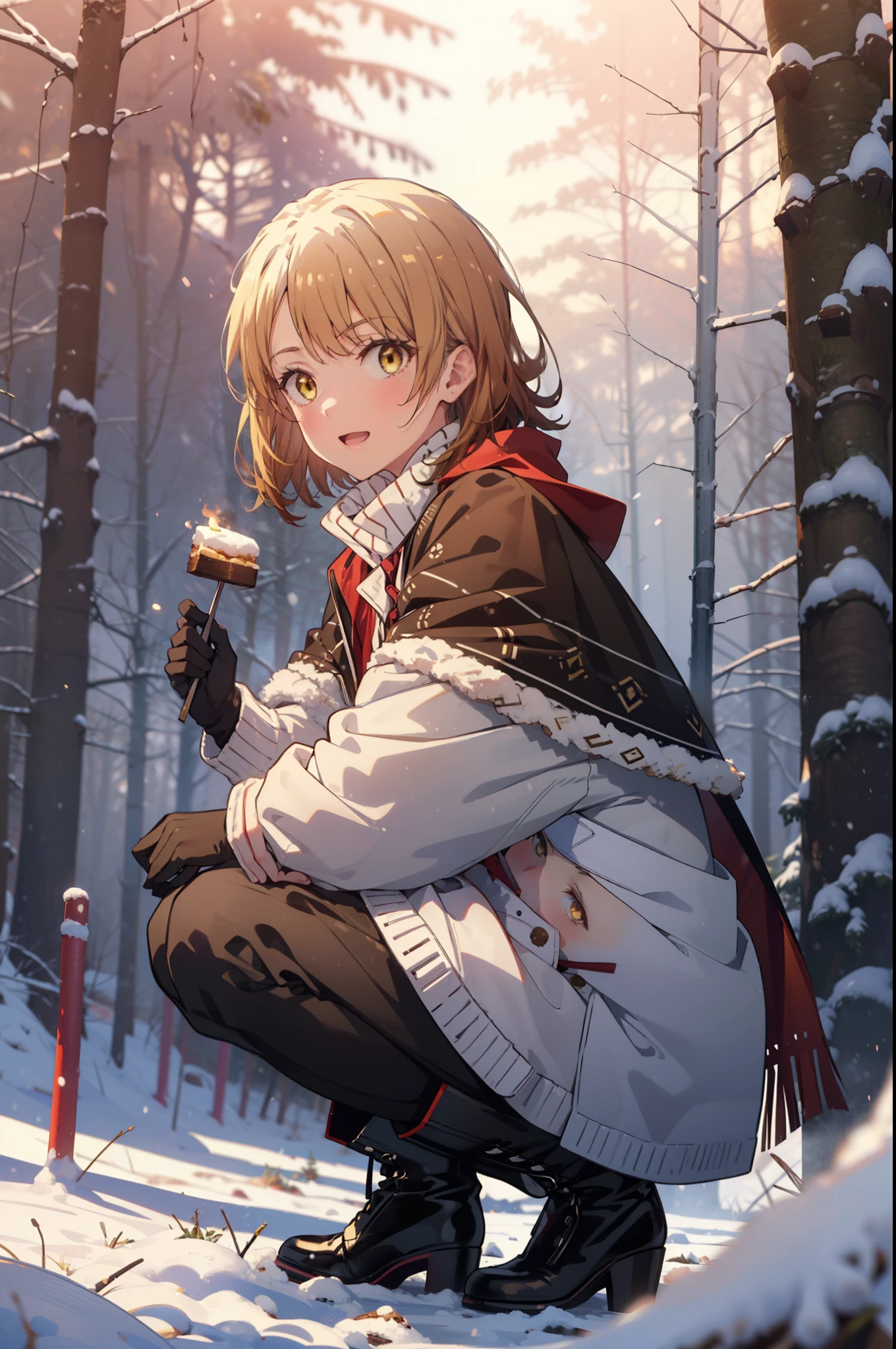 irohaisshiki, Iroha Isshiki, short hair, Brown Hair, (Brown eyes:1.5), smile,
Open your mouth,snow, food, fire, Outdoor, boots, snowing, From the side, wood, suitcase, Cape, Blurred, food up, forest, gloves, nature, Brown eyes, red gloves, Squat, Mouth closed, fooded Cape, winter, Written boundary depth, Black shoes, red Cape break looking at viewer, Upper Body, whole body, break Outdoor, forest, nature, break (masterpiece:1.2), highest quality, High resolution, unity 8k wallpaper, (shape:0.8), (Beautiful and beautiful eyes:1.6), Highly detailed face, Perfect lighting, Extremely detailed CG, (Perfect hands, Perfect Anatomy),