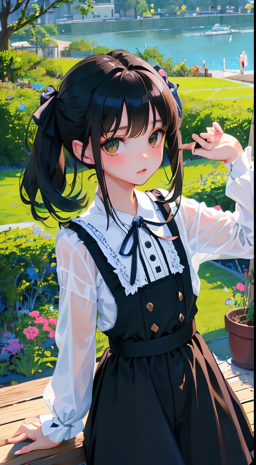 Overlooking，highest quality，Beautiful face in every detail，cute，Dark brown eyes，(背の低いcute女の子，Small young student，Young delicate girl）,（masterpiece，Top quality)，Black Hair，Sleepy expression，Black Shirt，Black Lolita Clothing，Blue-green ribbon，race，mini skirt，garden