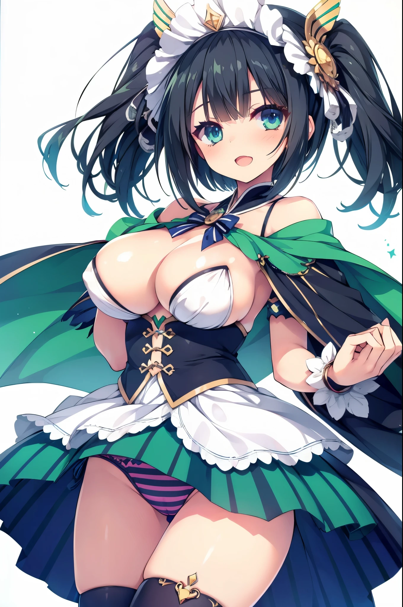  girl,Colossal tits,Smile with open mouth,short black hair,Striped panties,,magical girl costume,hair adornments,Heterochromia,Blue and green eyes,Simple Background,Top image quality,Best Quality