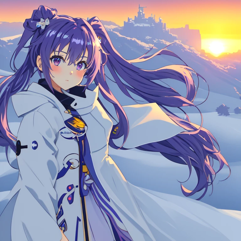 masterpiece, Best Picture Quality, Extremely vivid, Anime girl with curly hair and ponytail, White functional coat, small, Blue-purple gradient ski goggles, Natural casual style, cold shades, strong visual impact, in Modstadt, grassland, Sunset in the sky, simple picture