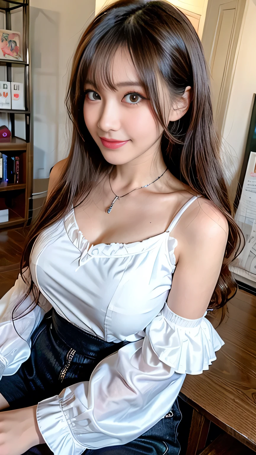 Full Body Angle、((highest quality, 8K, masterpiece: 1.3)), concentrated: 1.2, Cute girl 1,Nipples erect、 Perfect beauty: 1.4,Short sleeve blouse with round neck and frill design in cotton: 1.2,Long sleeve、Randall Color、comics&Text Graphics、Black ruffle-trimmed drawstring zip blouse,1.1, Highly detailed face and skin textures, Fine grain, double eyelid, whitening skin, ,highest quality,Ultra-high resolution,you,1 girl,alone,_Shiny_skin,Iris,necklace,((Brown_length_Wavy_hair)),(lips)),eyelash,Front hair,deal with,compensate,Shiny,pore,skin texture,Large Breasts、smiling face、Game room、
