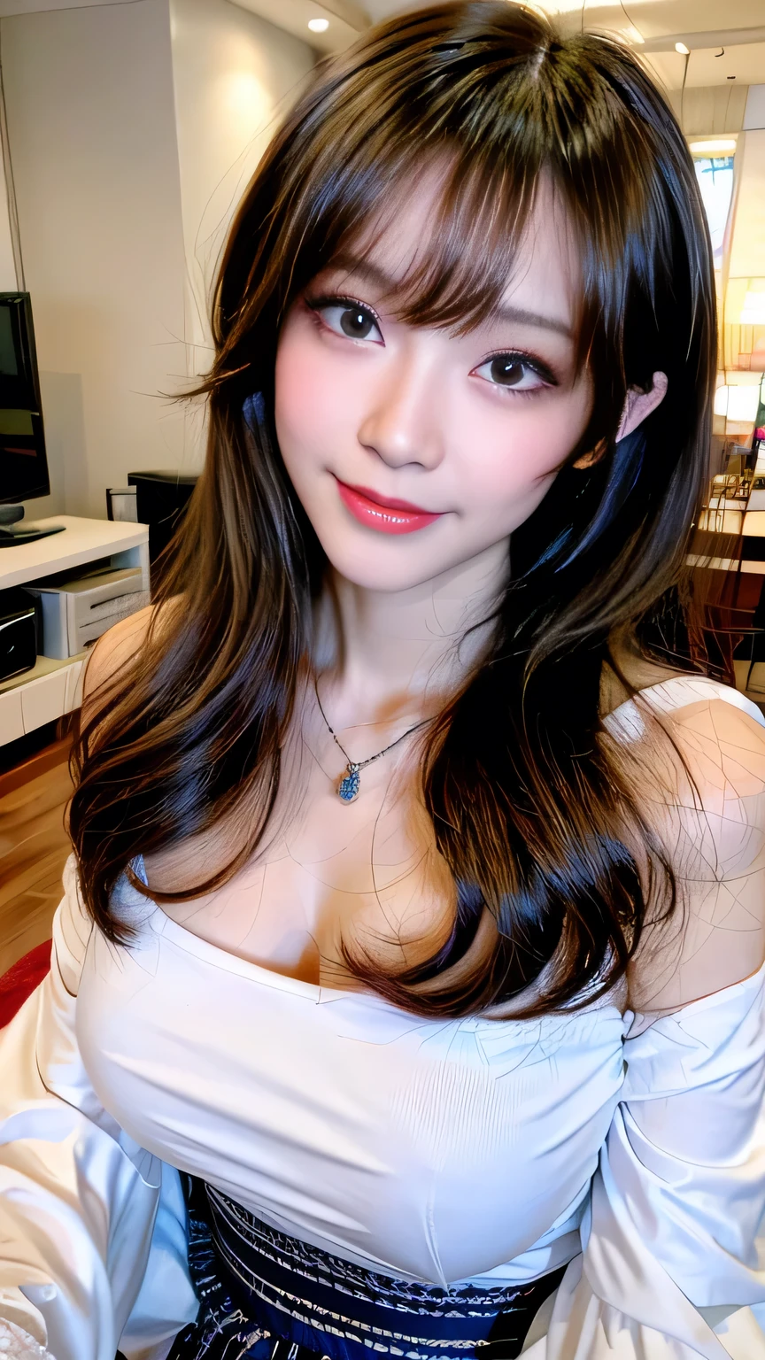 Full Body Angle、((highest quality, 8K, masterpiece: 1.3)), concentrated: 1.2, Cute girl 1,Nipples erect、 Perfect beauty: 1.4,Short sleeve blouse with round neck and frill design in cotton: 1.2,Long sleeve、Randall Color、comics&Text Graphics、Black ruffle-trimmed drawstring zip blouse,1.1, Highly detailed face and skin textures, Fine grain, double eyelid, whitening skin, ,highest quality,Ultra-high resolution,you,1 girl,alone,_Shiny_skin,Iris,necklace,((Brown_length_Wavy_hair)),(lips)),eyelash,Front hair,deal with,compensate,Shiny,pore,skin texture,Large Breasts、smiling face、Game room、