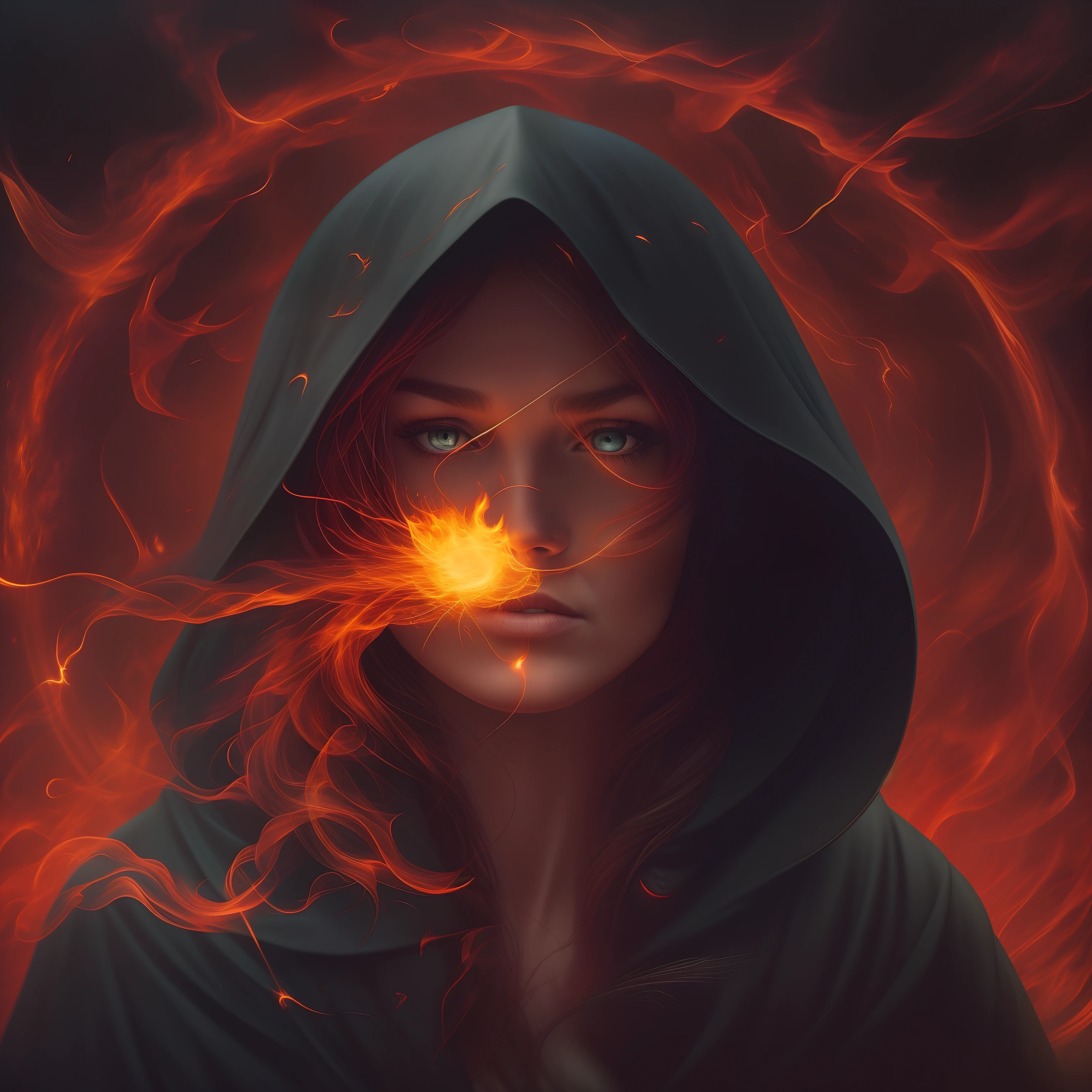 cinematic scene of a woman in a black cloak with a fireball emitting electricity in the background, Alunos detalhados, round iris, medium shot, Estilo dos anos 80, Tomasz Alen Kopera, frustration, peter mohrbacher', convocar, in high resolution, ultra-detalhado, Jules Julien, Anton Semyonov, suns, por Joseph Binder, Mais velho, espectro, Em um escuro, intricado, magical realism, vermelho amarelo preto`