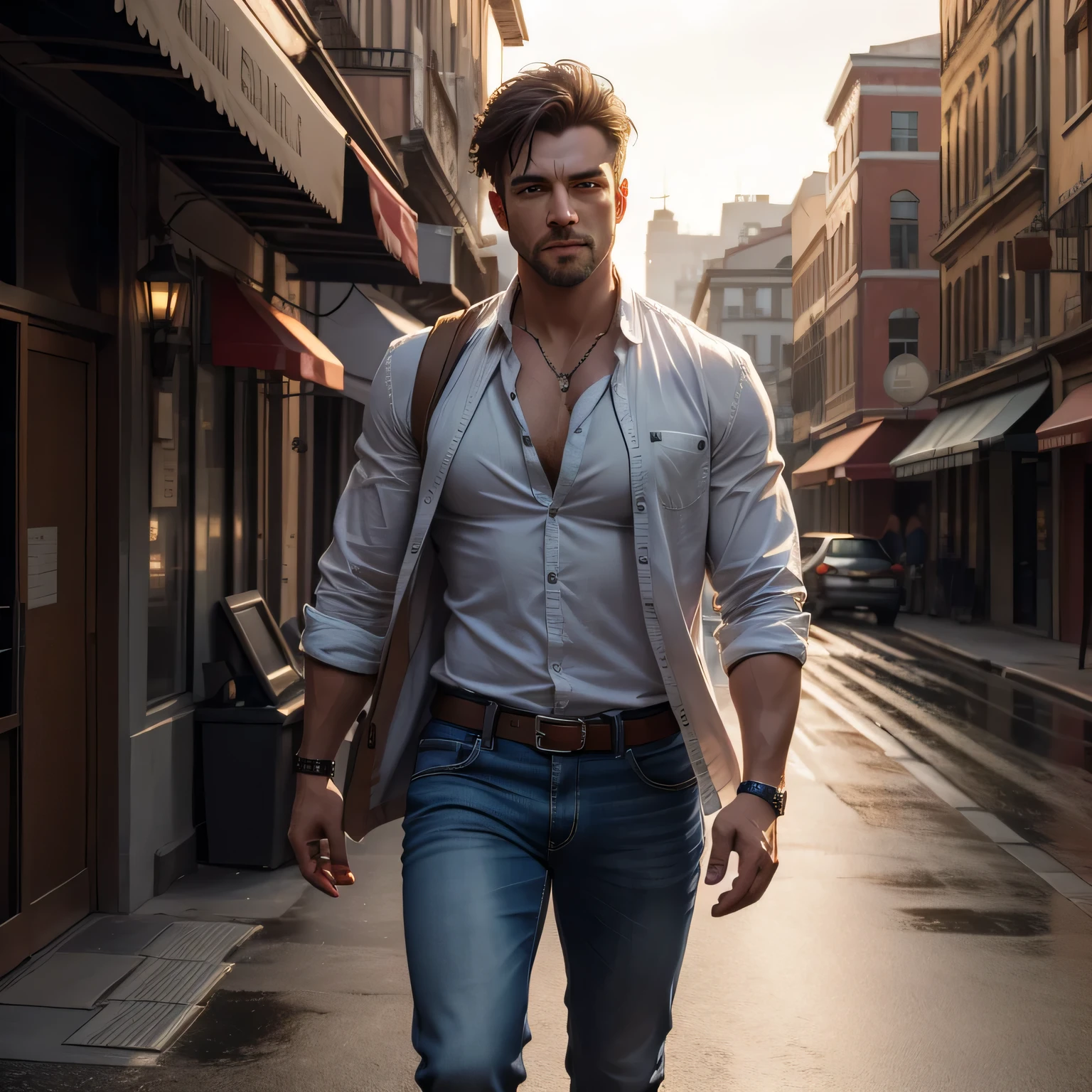 HANDSOME MAN, , CGI with clear focus, Wearing an open shirt and jeans, brown eyes, in a city, Photorealistic, high detail, Realistic, full body, Masterpiece, absurdress, Best Quality, HDR, hiquality, hight resolution, Extremely detailed, 8k wallpaper, intricate details, 8K UHD, Full-HD, (foto realista:1.2), Contrast, sharp lighting, Cinematic lighting, natural lighting, hard light, Backlighting, Global Illumination, Environment Occlusion
