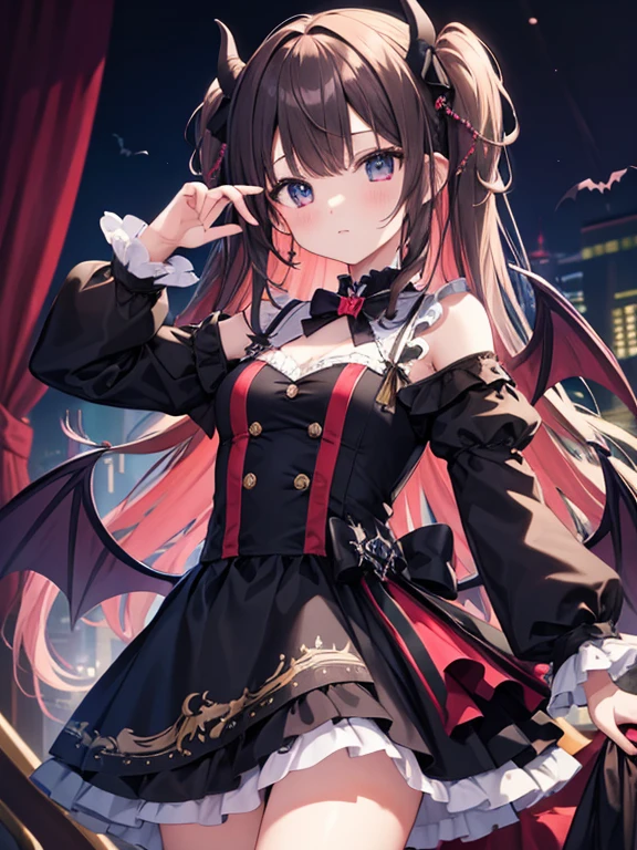 masterpiece、highest quality、High resolution、Very detailed、Medium wide shot、Girl、Idol、Black Costume、small bat wings、Devil&#39;s Tail、Small Crown、horn、smile、pose、Fluffy skirt、