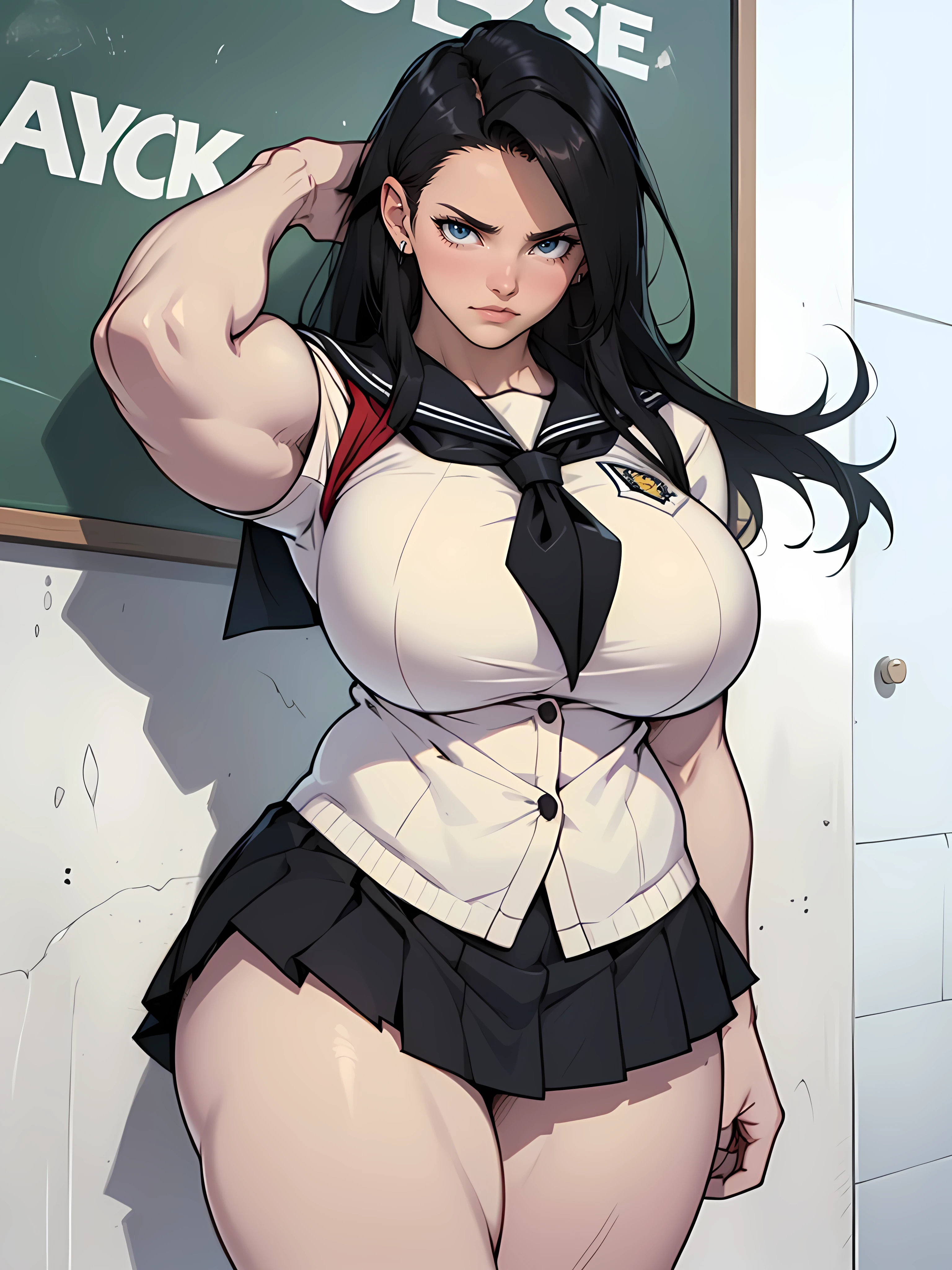 (1girl), black hair, extremely long hair, yellow eyes, (massive female bodybuilder) (huge breasts) thick thighs, solo, angry, (pale skin), cowboy shot, school uniform    