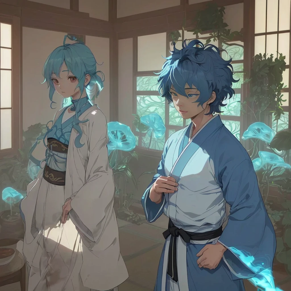 The setting is a Japanese-style room, com um tatame no centro; Kitsuro e Sayori, The twin brothers, are framed in the center of this mat in a fighting position; Rafallia a mãe dThe twin brothers, is also in the frame, but he is outside the mat watching the two, enquanto come fatias de melancia; (Caixa de melancia); (Kitsuro is a 15 year old boy, has blue curly hair emanating radiation and is wearing capoeira clothes); (Sayori is a 15 year old girl, has long blue curly hair emanating radiation) (privileged view of the dispute); (solar window lighting); (Estilizados ao estilo do Anime Ruby); (movimentos de capoeira, artes marciais); (Qualidade de imagem 4k)