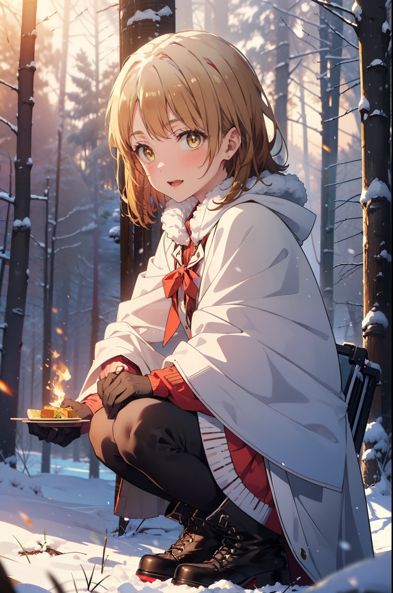 irohaisshiki, Iroha Isshiki, short hair, Brown Hair, (Brown eyes:1.5), smile,
Open your mouth,snow, food, fire, Outdoor, boots, snowing, From the side, wood, suitcase, Cape, Blurred, food up, forest, gloves, nature, Brown eyes, red gloves, Squat, Mouth closed, fooded Cape, winter, Written boundary depth, Black shoes, red Cape break looking at viewer, Upper Body, whole body, break Outdoor, forest, nature, break (masterpiece:1.2), highest quality, High resolution, unity 8k wallpaper, (shape:0.8), (Beautiful and beautiful eyes:1.6), Highly detailed face, Perfect lighting, Extremely detailed CG, (Perfect hands, Perfect Anatomy),