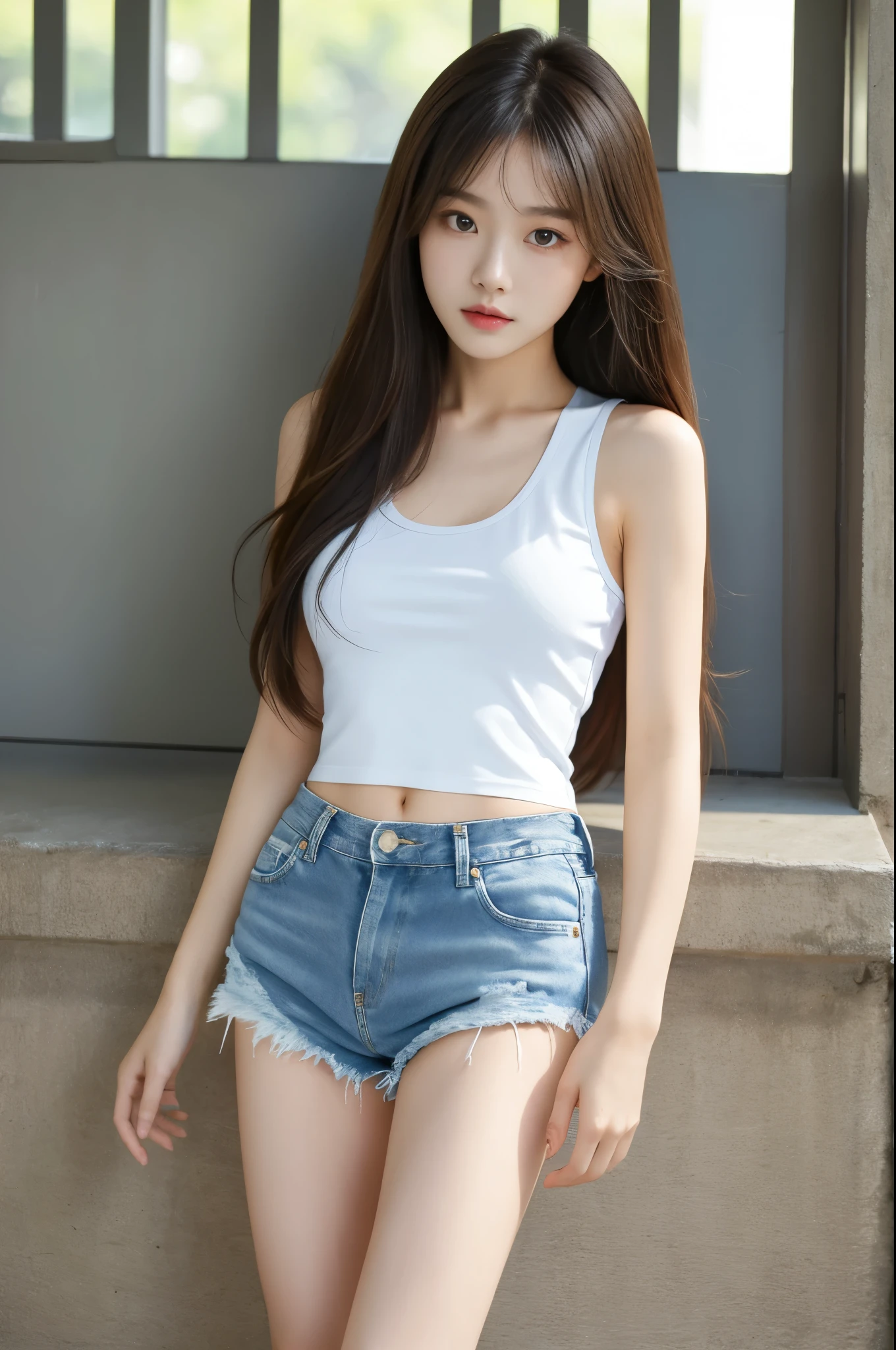 (masterpiece, best quality:1.2), 1girl, solo,standing_split,
long hair, White sleeveless tank top,blue denim shorts