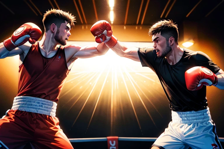 A perfectly executed punch in a boxing match, The gloves are red and there's sweat flying off from the impact. The boxer throwing the punch is a Middle-Eastern male and his opponent is a Hispanic male, They are both fit and muscular, wearing traditional boxing shorts and shoes, Chalk dust is rising from the canvas as the punch connects.