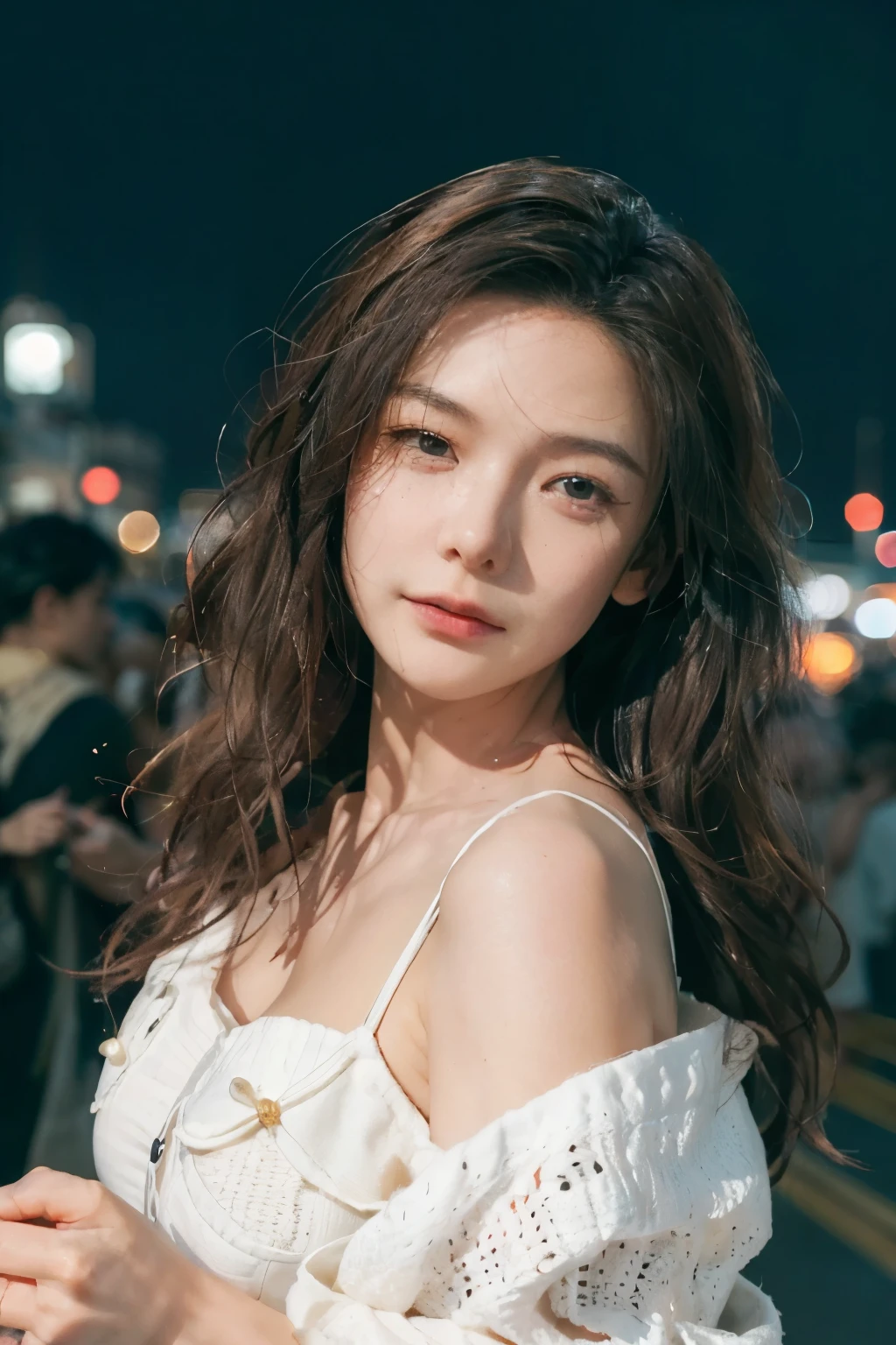 ((Vietnamese Korean girl)),8k, best quality, Medium close-up, （best quality，8k，Masterpiece：1.3）สาวเกาหลีcuteและcute, realistic, Special details, photo realistic, increase quality, 
Photograph of a young woman standing in the city at night with a scarf, In the style of the most intense designer, Massive mass, Photobash, quiet face, wavy edge, navy, beauty of nature, Close-up photo , Cool atmosphere , Winter atmosphere , The skin texture is natural.、、Skin looks healthy with an even tone.、 Use natural light and color,one woman,Japan,,cute,have dark hair,medium hair,(depth of field、Chromatic aberration、、Various lighting、natural shading、)、(exterior light at night:1.4)、(It&#39;s snowing:1.3)、(Hair blowing in the wind:1.2)、(reflective snow:1.0)
