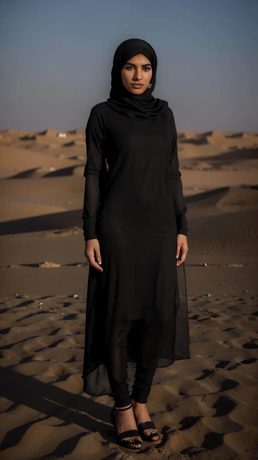 Realistic portrait of a beautiful black girl (22) name Sheikha Mahra, wearing black burkha hijab and black shoes. standing in arabian desert. realistic, ultra realistic Photo by Sharmin Tori