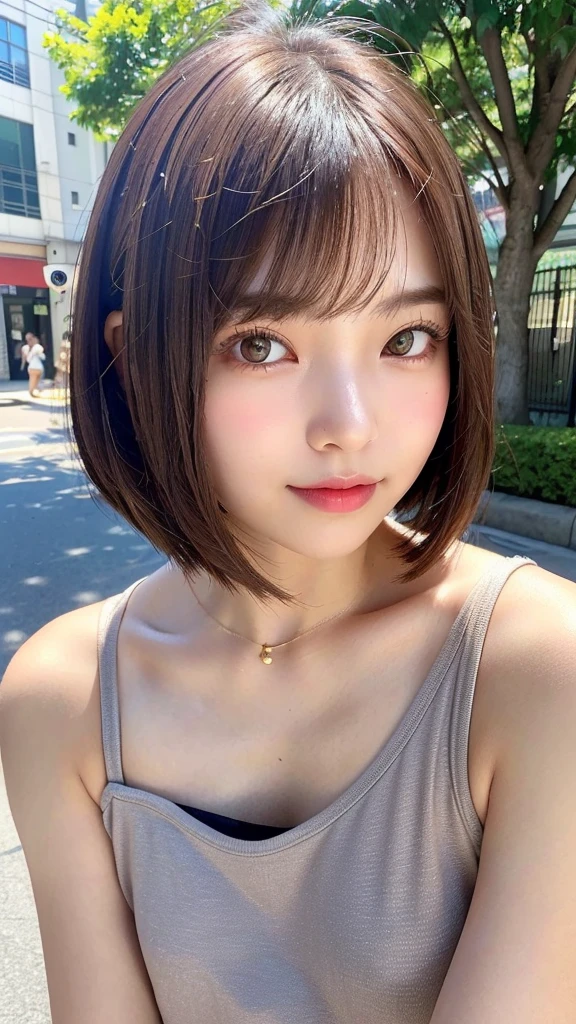 (((Definitely shoulder length, short, Straight Brown Bob)))、(((In her background is a summer park、Pose like a model at the beauty salon.)))、(((Random and cute street fashion)))、Face close-up、Half Japan, Half Korean、18-year-old girl、Independent、I&#39;looking forward to it、Light eye makeup、Brown Hair Color、flat 、Hair blowing in the wind、Quality of actress、Shiny, Ultra-realistic faces、smile、Watery eye、look up、Subtle lighting effects、 Ultra-Realistic Capture、Very detailed、High resolution 16k human skin closeup。Skin texture must be natural、The detail must be such that the pores are clearly visible...、skin is healthy、Even Tone、Use natural light and color、High quality images taken by modeling agencies&#39;Exclusive photographer、smile
