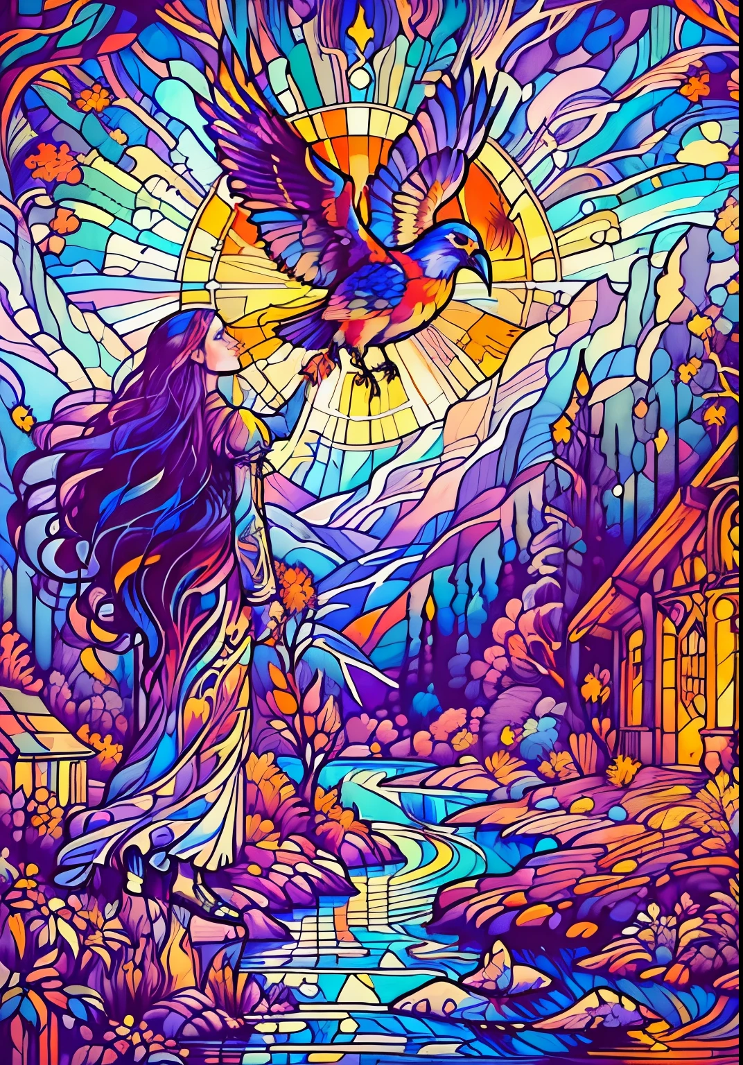 a painting of a woman standing in front of a fire and a bird, el bosco and dan mumford, in the art style of dan mumford, dan mumford and alex grey style, painting by dan mumford, in the style dan mumford artwork, anton fadeev and dan mumford, dan mumford and thomas kinkade, guardian of the holy lake