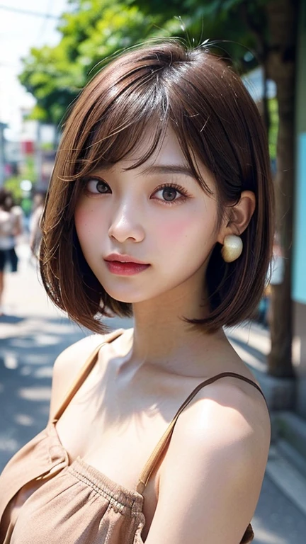 (((Definitely shoulder length, short, Straight Brown Bob)))、(((In her background is a summer park、Pose like a model at the beauty salon.)))、(((Random and cute street fashion)))、Face close-up、Half Japan, Half Korean、18-year-old girl、Independent、I&#39;looking forward to it、Light eye makeup、Brown Hair Color、flat 、Hair blowing in the wind、Quality of actress、Shiny, Ultra-realistic faces、smile、Watery eye、look up、Subtle lighting effects、 Ultra-Realistic Capture、Very detailed、High resolution 16k human skin closeup。Skin texture must be natural、The detail must be such that the pores are clearly visible...、skin is healthy、Even Tone、Use natural light and color、High quality images taken by modeling agencies&#39;Exclusive photographer、smile
