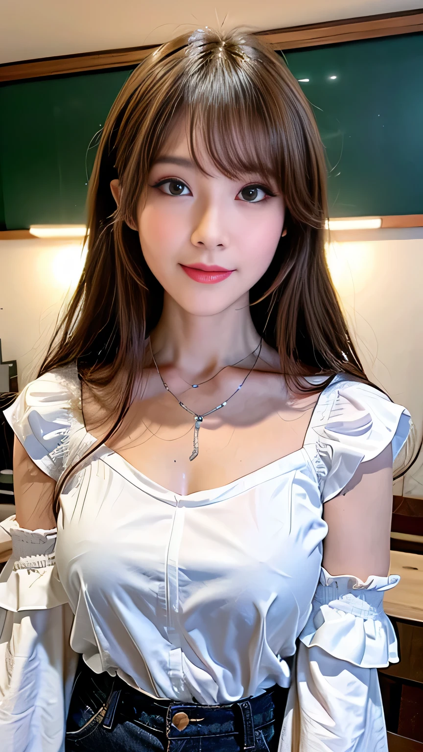 Full Body Angle、((highest quality, 8K, masterpiece: 1.3)), concentrated: 1.2, Cute girl 1,Nipples erect、 Perfect beauty: 1.4,Short sleeve blouse with round neck and frill design in cotton: 1.2,Long sleeve、Randall Color、comics&Text Graphics、Black ruffle-trimmed drawstring zip blouse,1.1, Highly detailed face and skin textures, Fine grain, double eyelid, whitening skin, ,highest quality,Ultra-high resolution,you,1 girl,alone,_Shiny_skin,Iris,necklace,((Brown_length_Wavy_hair)),(lips)),eyelash,Front hair,deal with,compensate,Shiny,pore,skin texture,Large Breasts、smiling face、Game room、