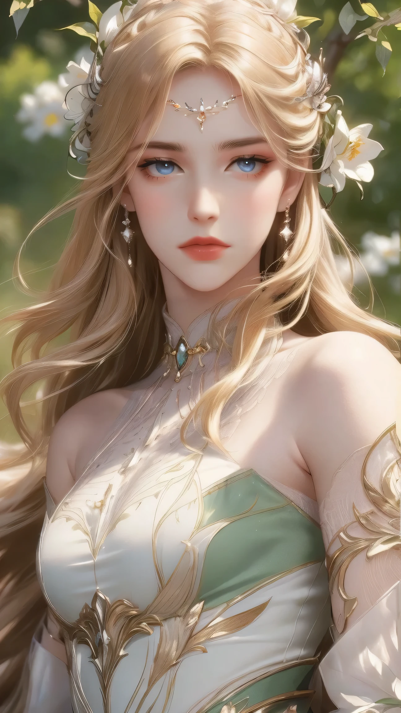 (best quality,ultra-detailed,photorealistic:1.37),vivid colors,studio lighting,beautiful detailed eyes,beautiful detailed lips,extremely detailed eyes and face,long eyelashes,portraits,blonde hair,confident expression,feminine,standing in a garden,soft sunlight,green scenery,flower blossoms,peaceful atmosphere,artistic touch,textured brushstrokes,subtle color variations,brilliant white highlights,delicate movements,graceful pose,slight breeze,rustling leaves,sophisticated style,professional artwork,female beauty.