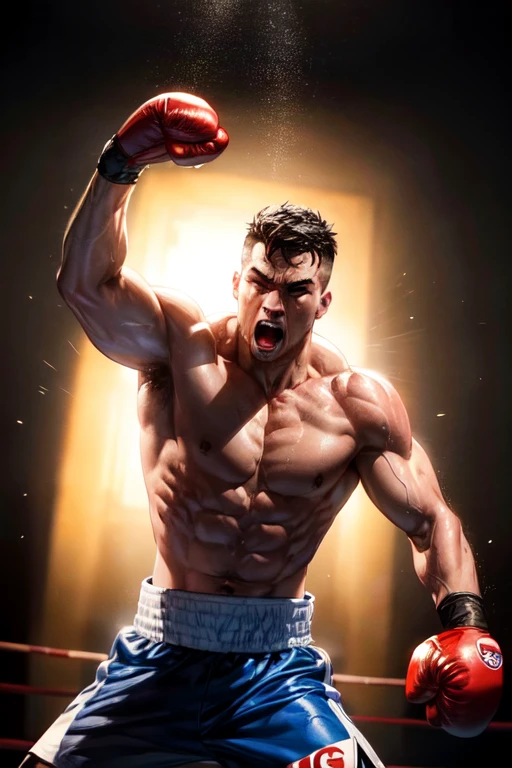 uppercut punch in boxing match, boxing match, dynamic, Amazing, Volumetric Lighting, backlighting, fantasy, (Highly detailed), (high resolution), (Best quality), (masterpiece)