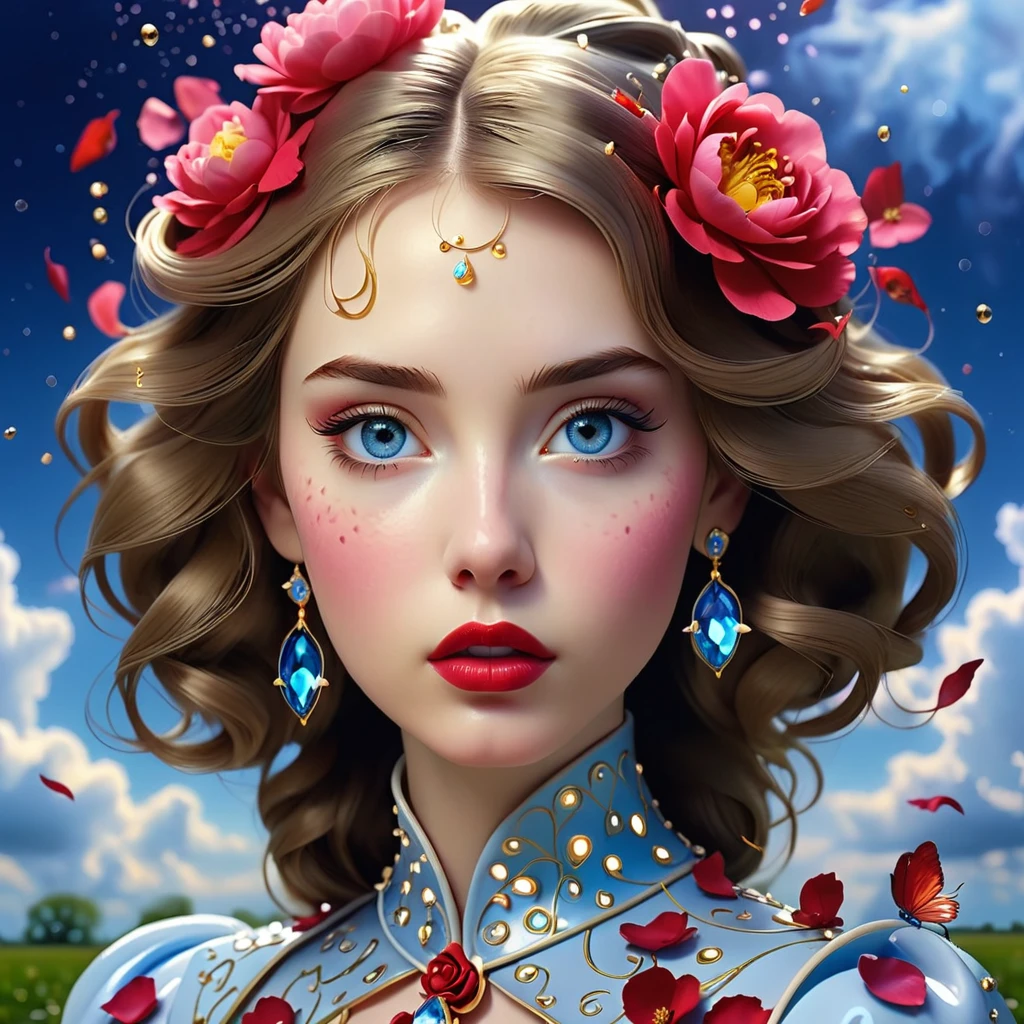 Surreal portrait of a girl 20 years old with a look, where the pupils are replaced by vortices,
reminiscent of the starry sky,
streams of mercury from the corners of the eyes,
porcelain skin, eyebrows made of miniature butterflies, lips made of scarlet rose petals, hair in the form of a living snake, dress made of peony petals, crystal shoes, standing on a chessboard with living people instead of pieces and the sky, cut by lightning with golden rain.